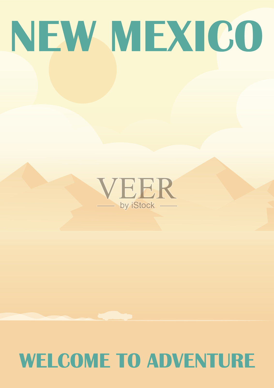 复古风格的旅行海报,美国,新墨西哥州。沙漠公路和路过的汽车插图插画图片素材