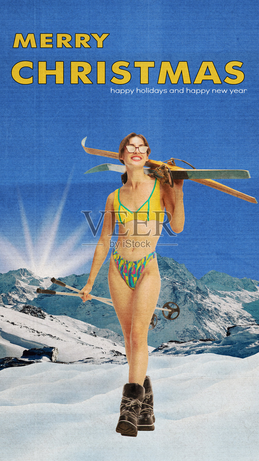 海报。当代艺术拼贴。女运动员,迈着自信的步伐拿着滑雪板,散发着节日的喜悦。变形的效果。邀请函或贺卡。照片摄影图片