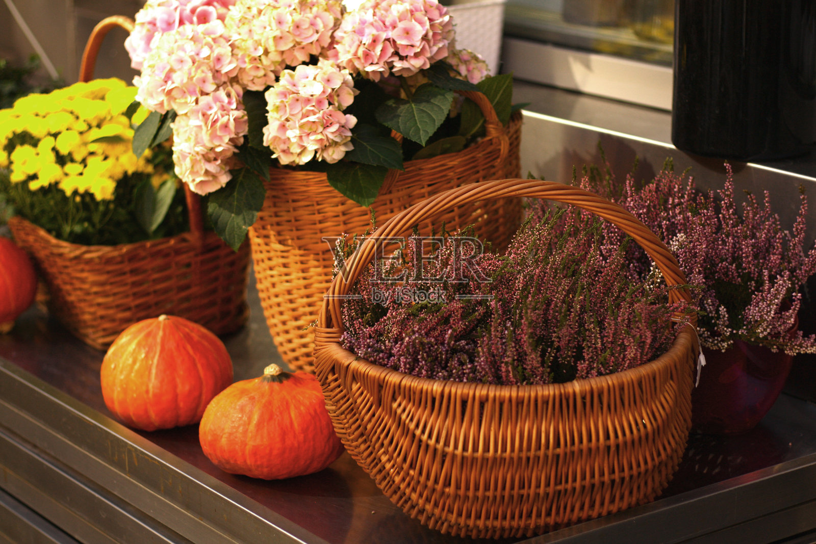 成熟的南瓜收获附近的柳条篮子与鲜花照片摄影图片