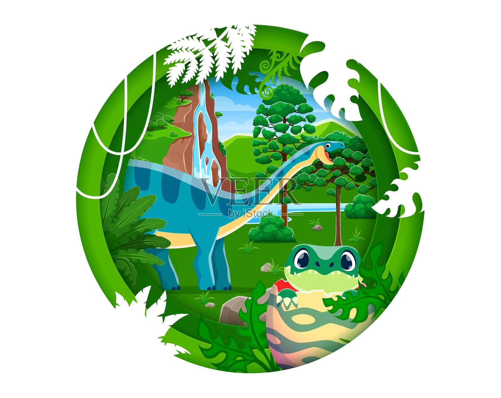 史前时代的剪纸景观与恐龙插画图片素材