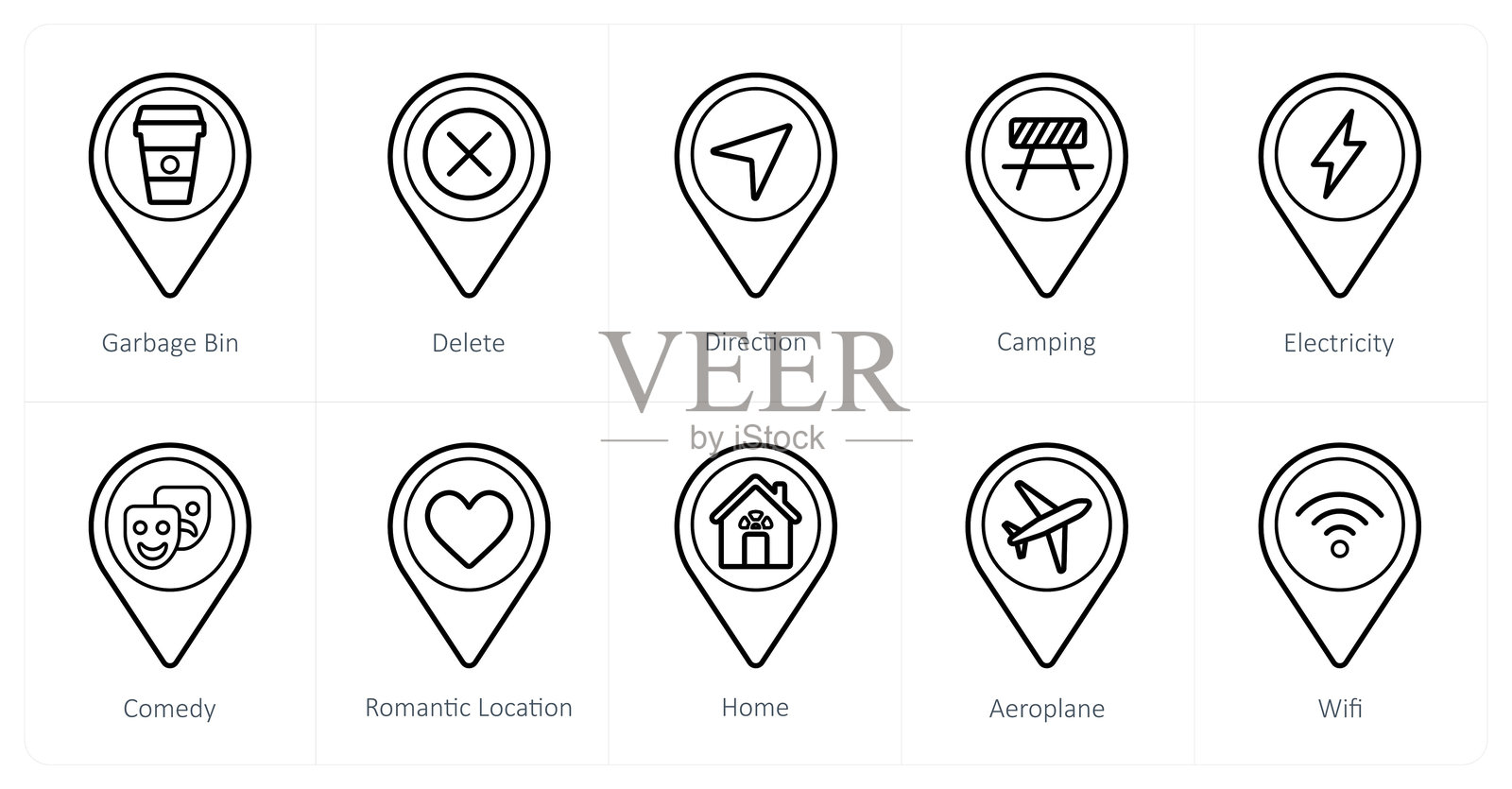 一组10个位置图标,如饮料、删除、方向插画图片素材
