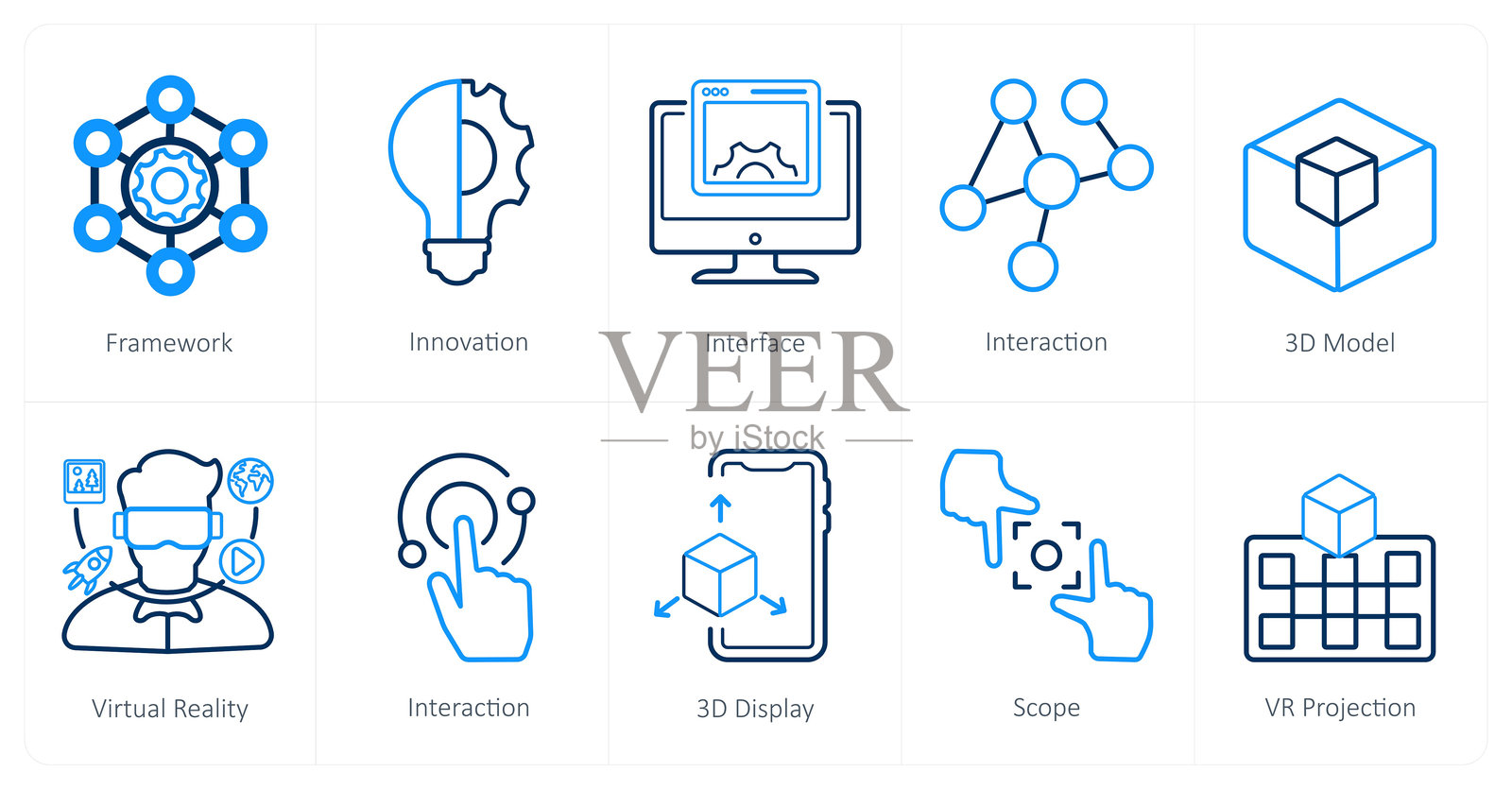 一套10个虚拟现实图标作为框架,创新,界面插画图片素材