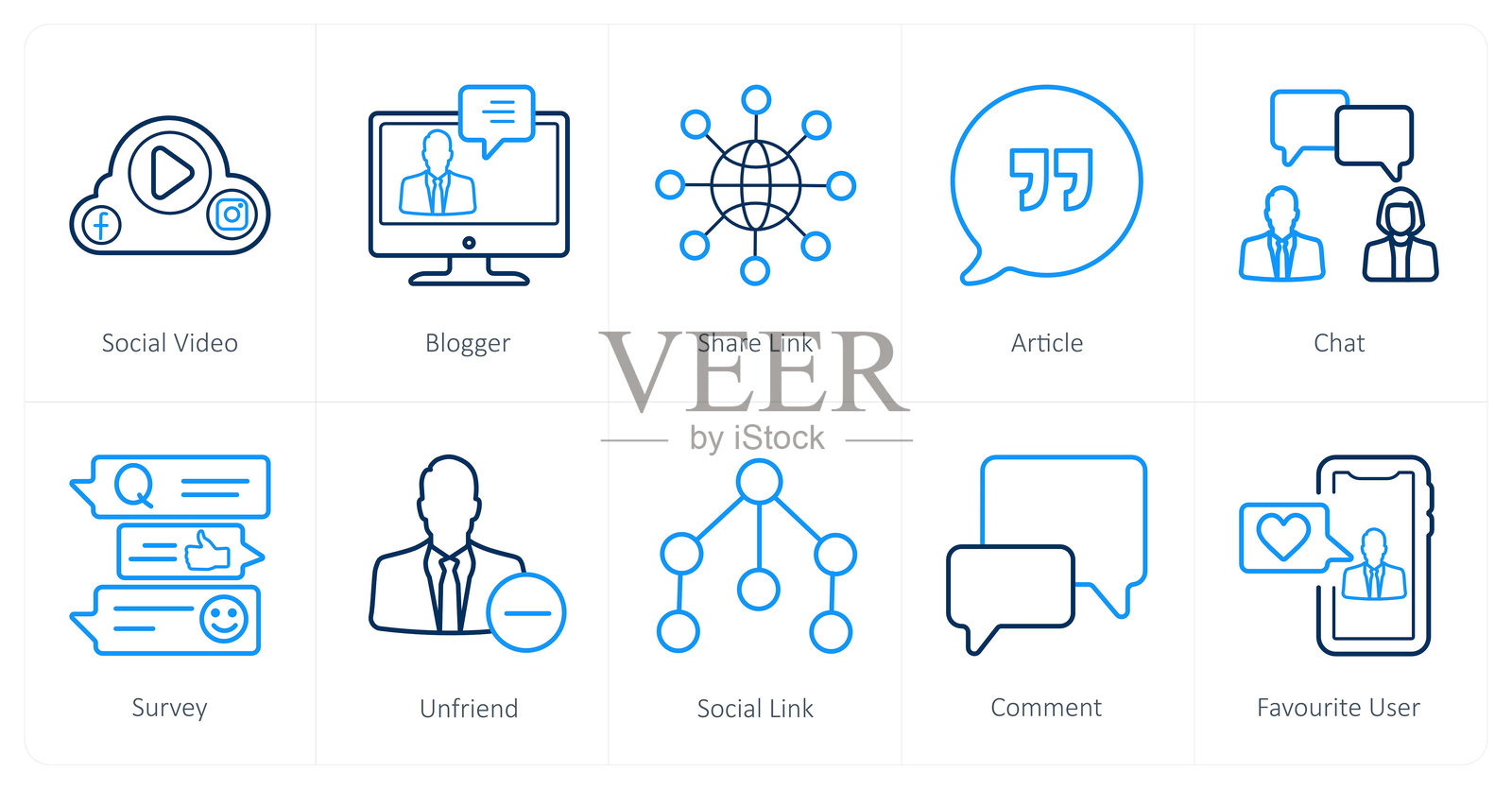 一套10个社交图标作为社交视频,博客,分享链接插画图片素材