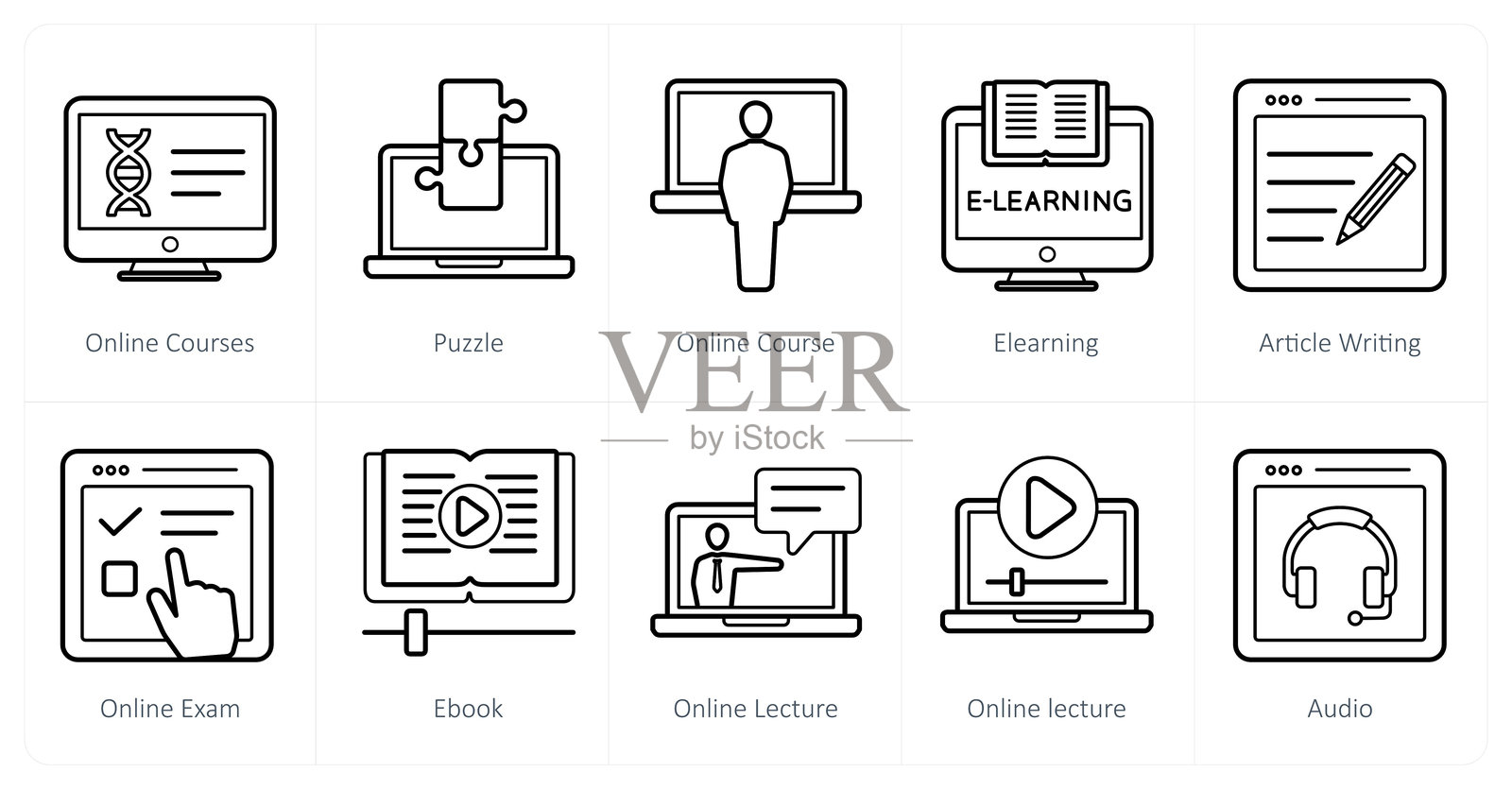 一套10个在线教育图标作为在线课堂、拼图、在线课程插画图片素材