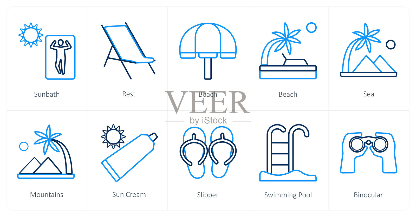 一套10个旅游和度假的图标,如日光浴,休息,海滩插画图片素材