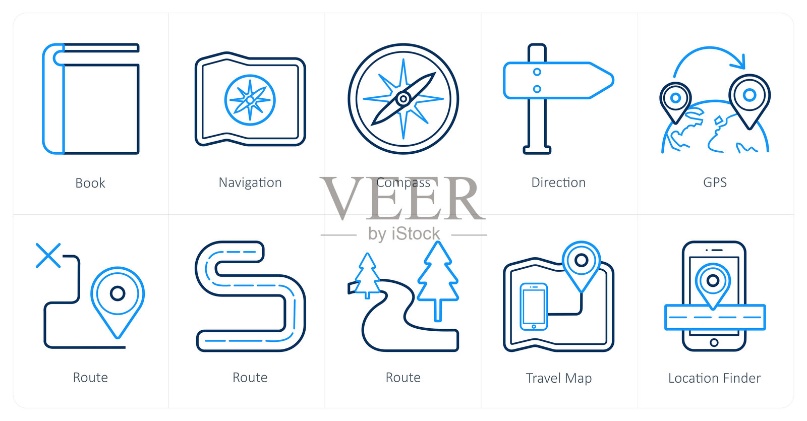 一套10个旅游和度假图标作为书,导航,指南针插画图片素材