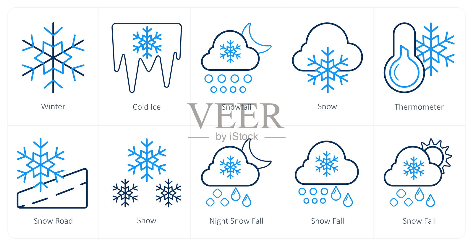 一套10个天气图标,如冬天,寒冷的冰,降雪插画图片素材