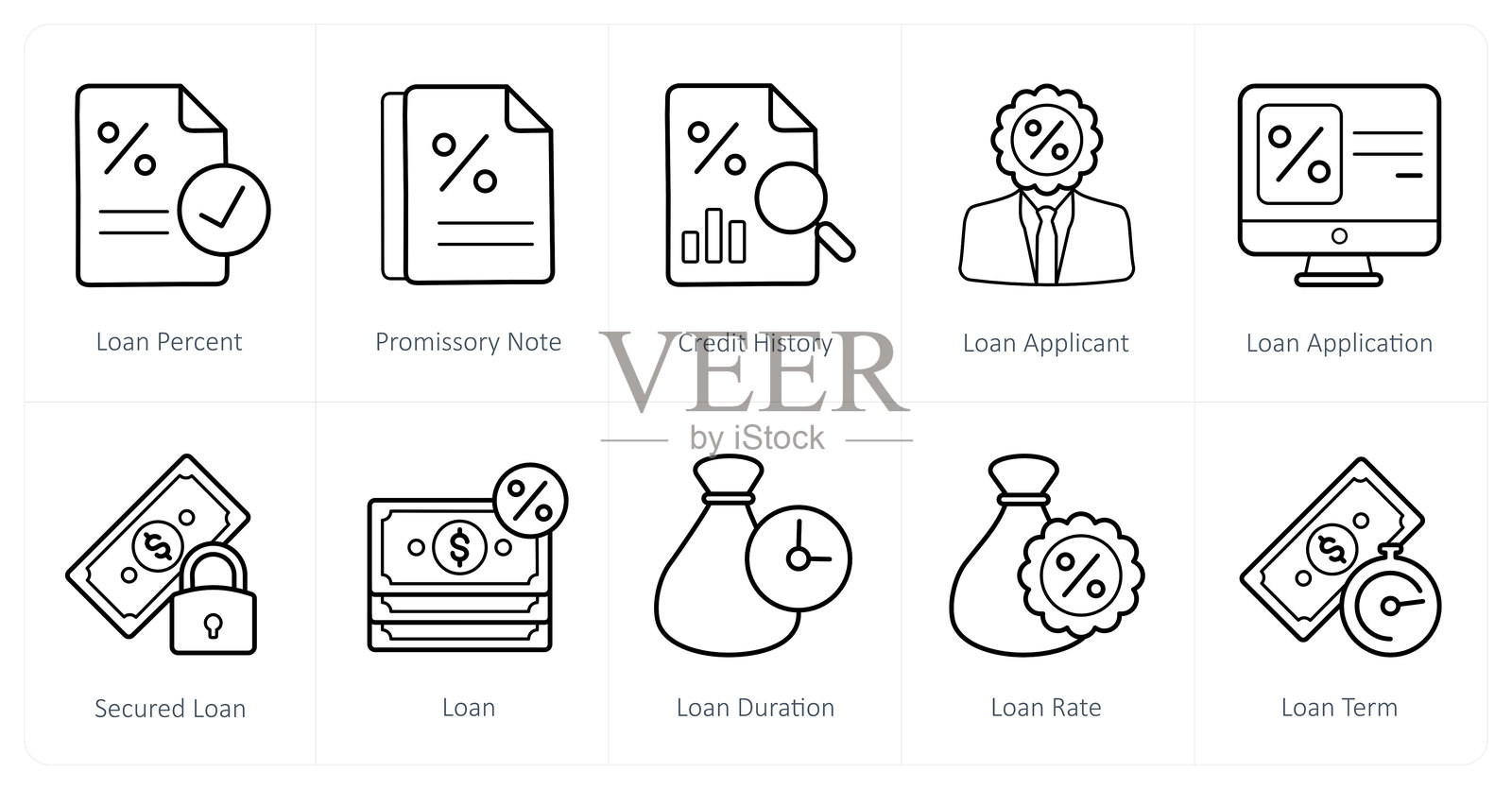 一套10贷款和债务图标贷款的百分比,本票,信用历史插画图片素材