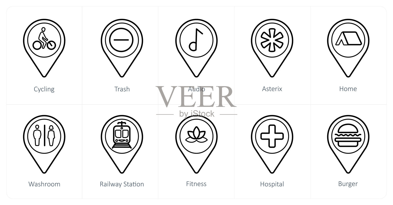 10个位置图标集:自行车、垃圾桶、音频插画图片素材