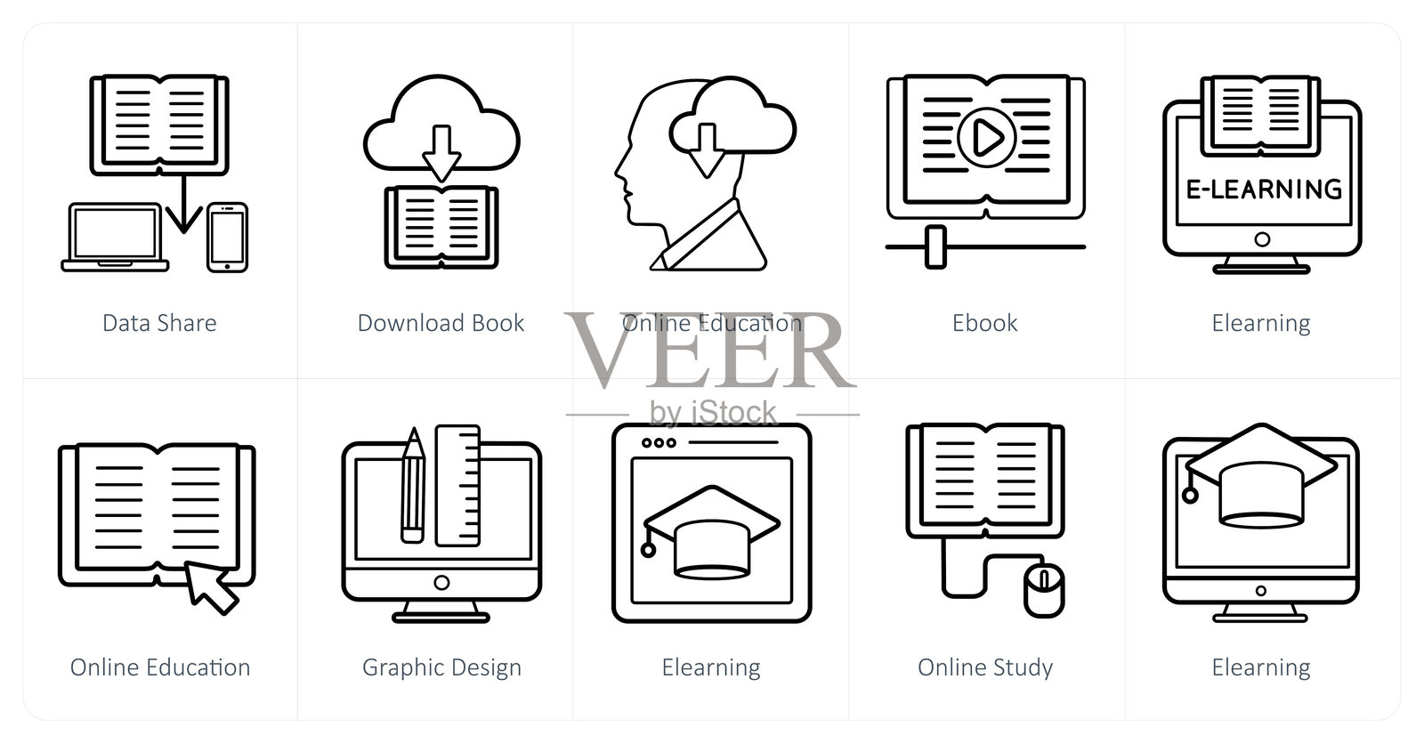 一套10个在线教育图标作为数据共享、下载图书、在线教育插画图片素材