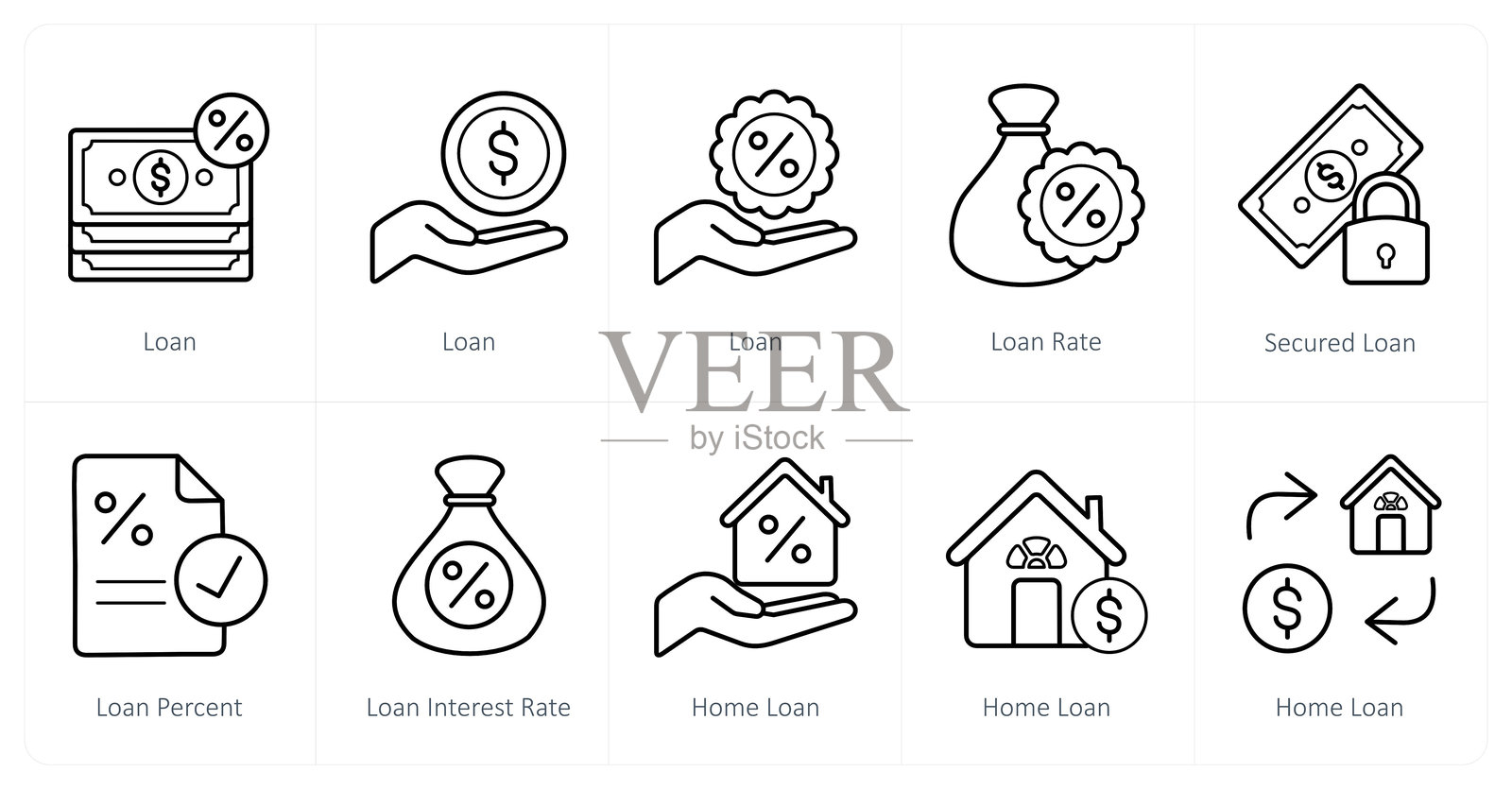 一套10贷款和债务图标贷款,贷款利率,担保贷款插画图片素材