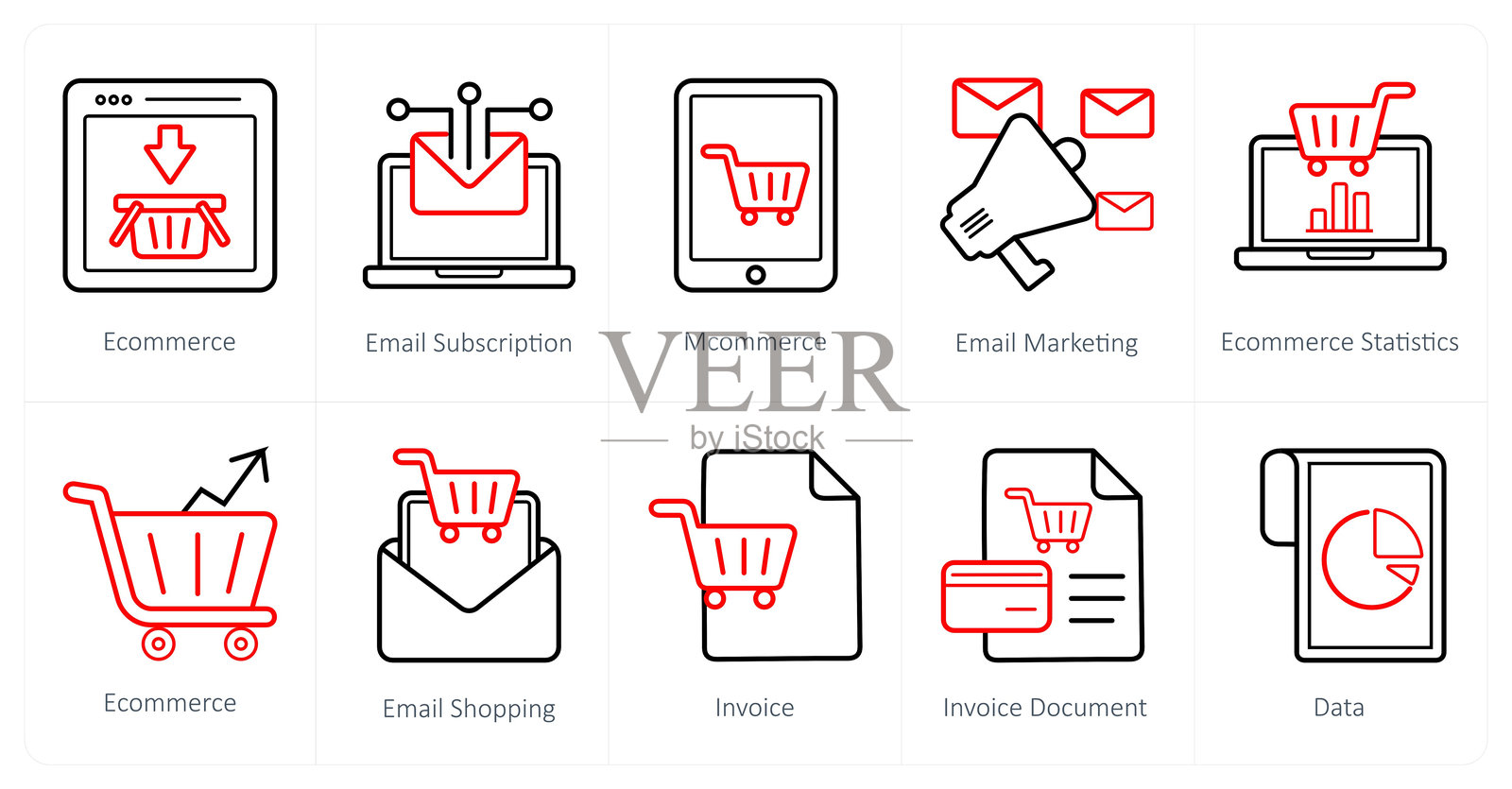 一组10个电子商务图标,如电子商务,电子邮件订阅,移动商务插画图片素材