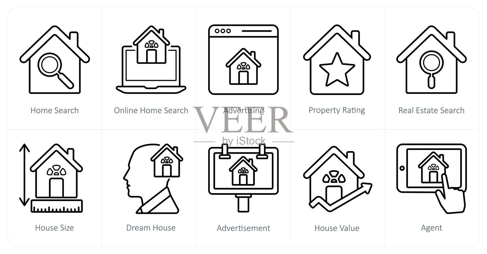 一套10个房地产图标作为家庭搜索,在线家庭搜索,广告插画图片素材