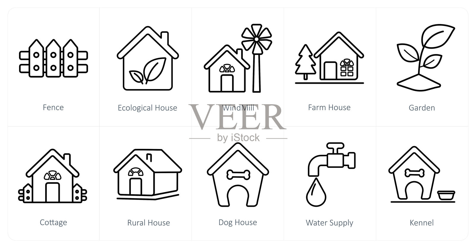 一套10房地产图标围栏,生态房子,风车插画图片素材