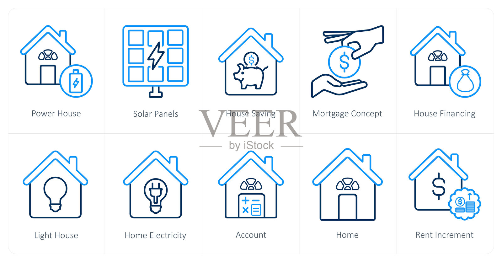 一套10个房地产图标,如发电厂,太阳能电池板,房屋储蓄插画图片素材