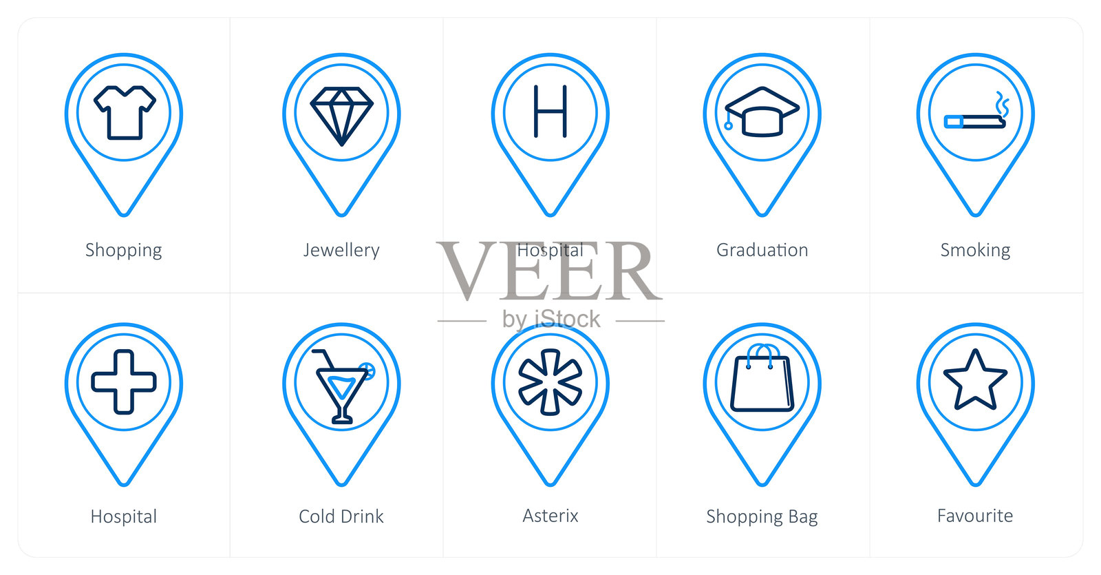 一套10个地点图标,如购物,珠宝,医院插画图片素材