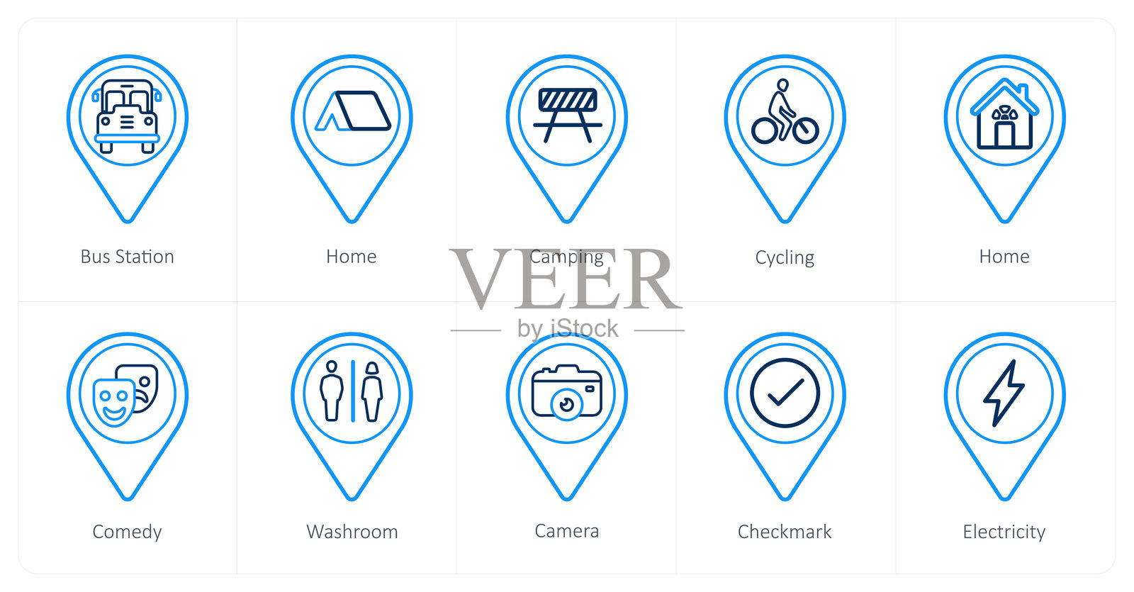 一组10个位置图标,如公交车站,家,屏障插画图片素材