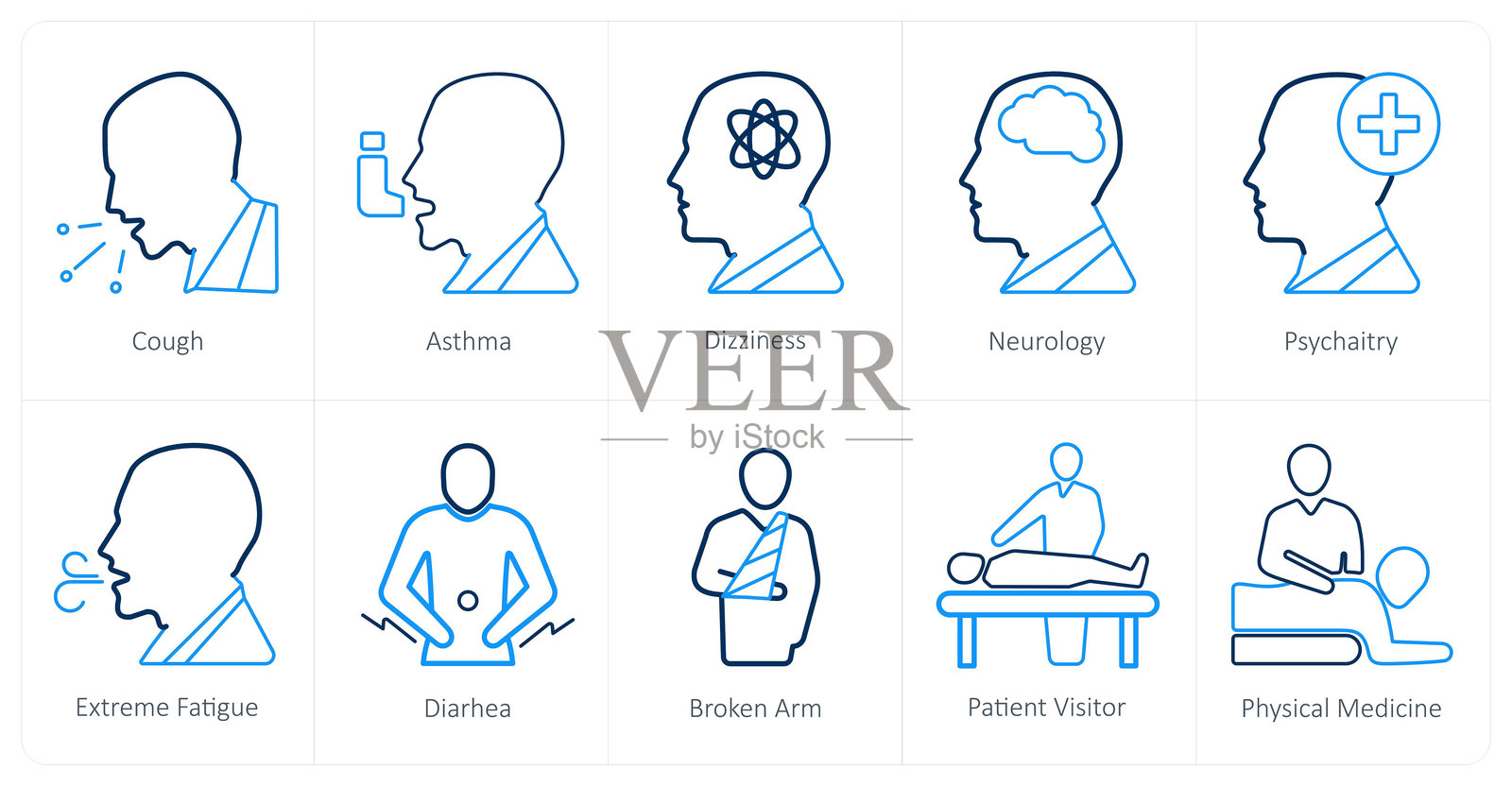 一套10个医学图标,如咳嗽,哮喘,头晕插画图片素材
