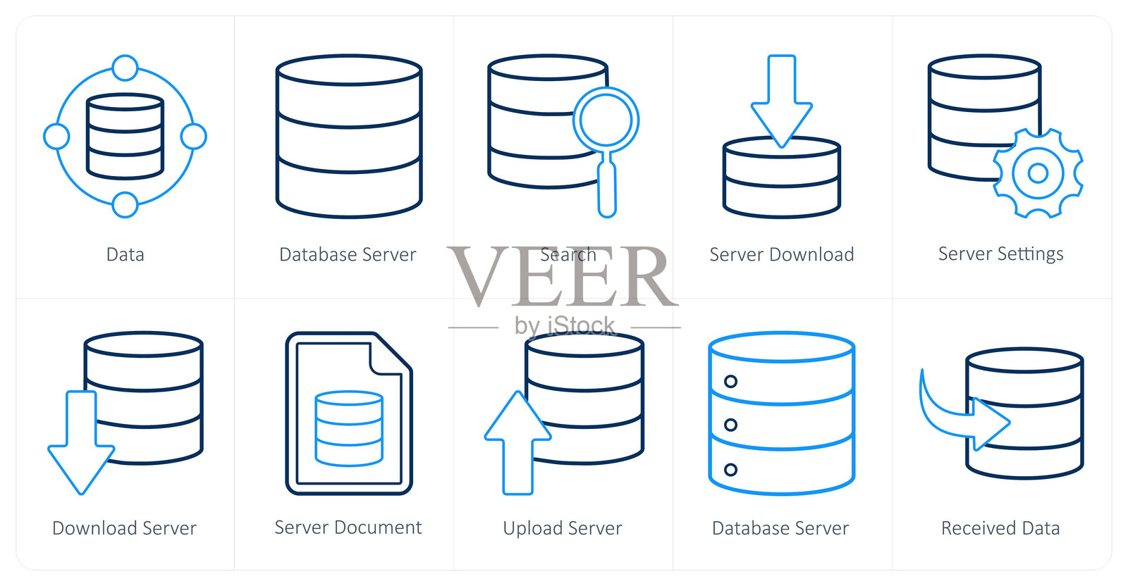 一组10个混合图标作为数据,数据库服务器,搜索插画图片素材