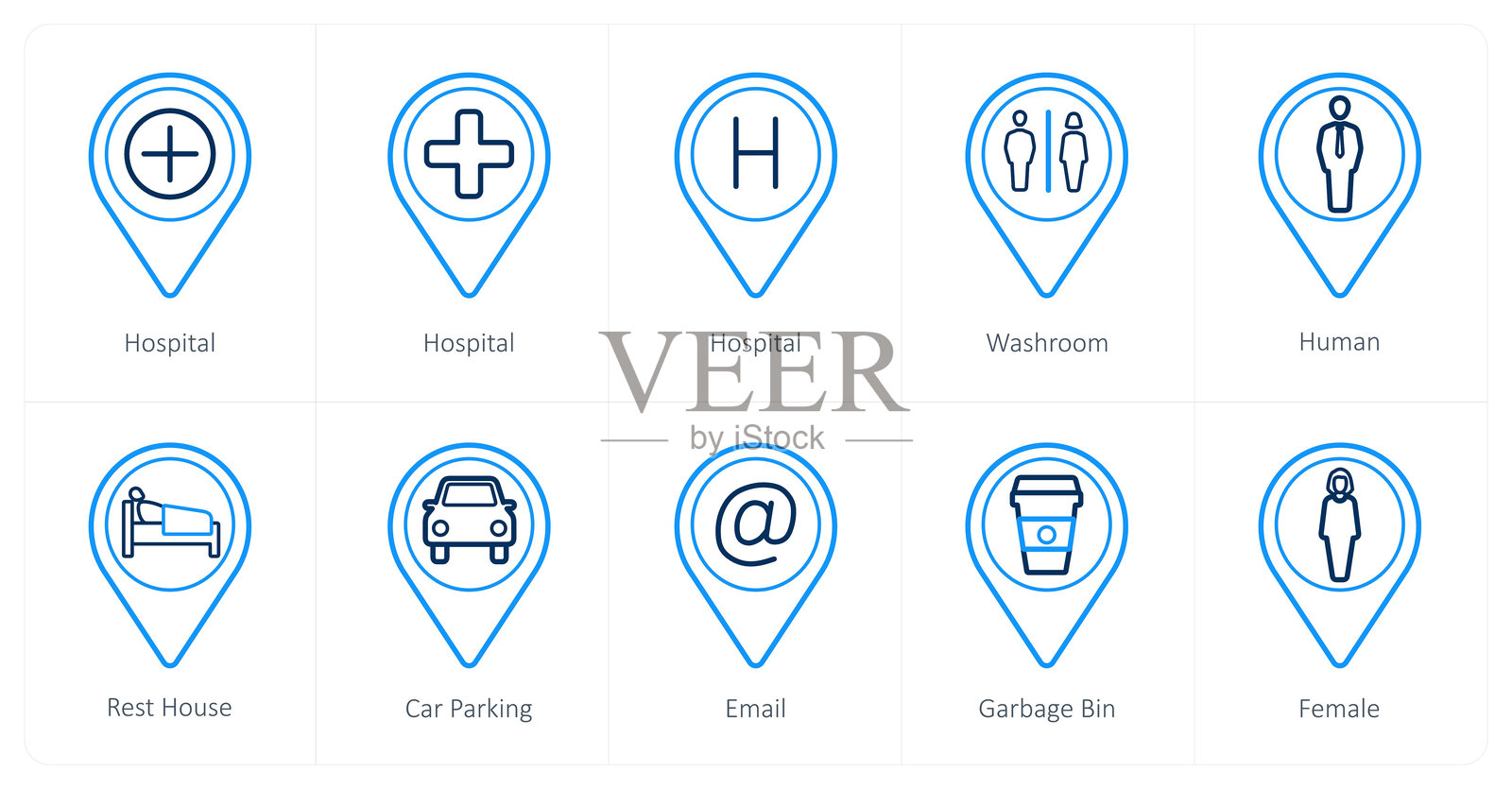 一组10个位置图标,如医院,医院位置,洗手间插画图片素材