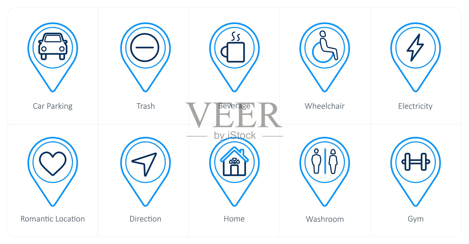 一组10个位置图标,如停车场,垃圾,饮料插画图片素材