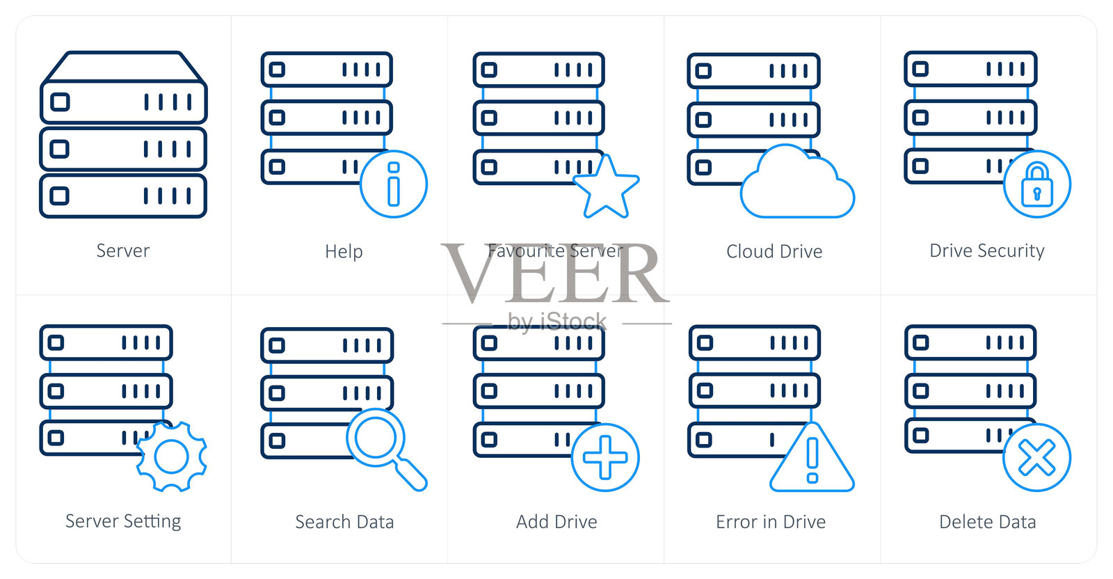 一组10个混合图标作为服务器,帮助,最喜欢的服务器插画图片素材