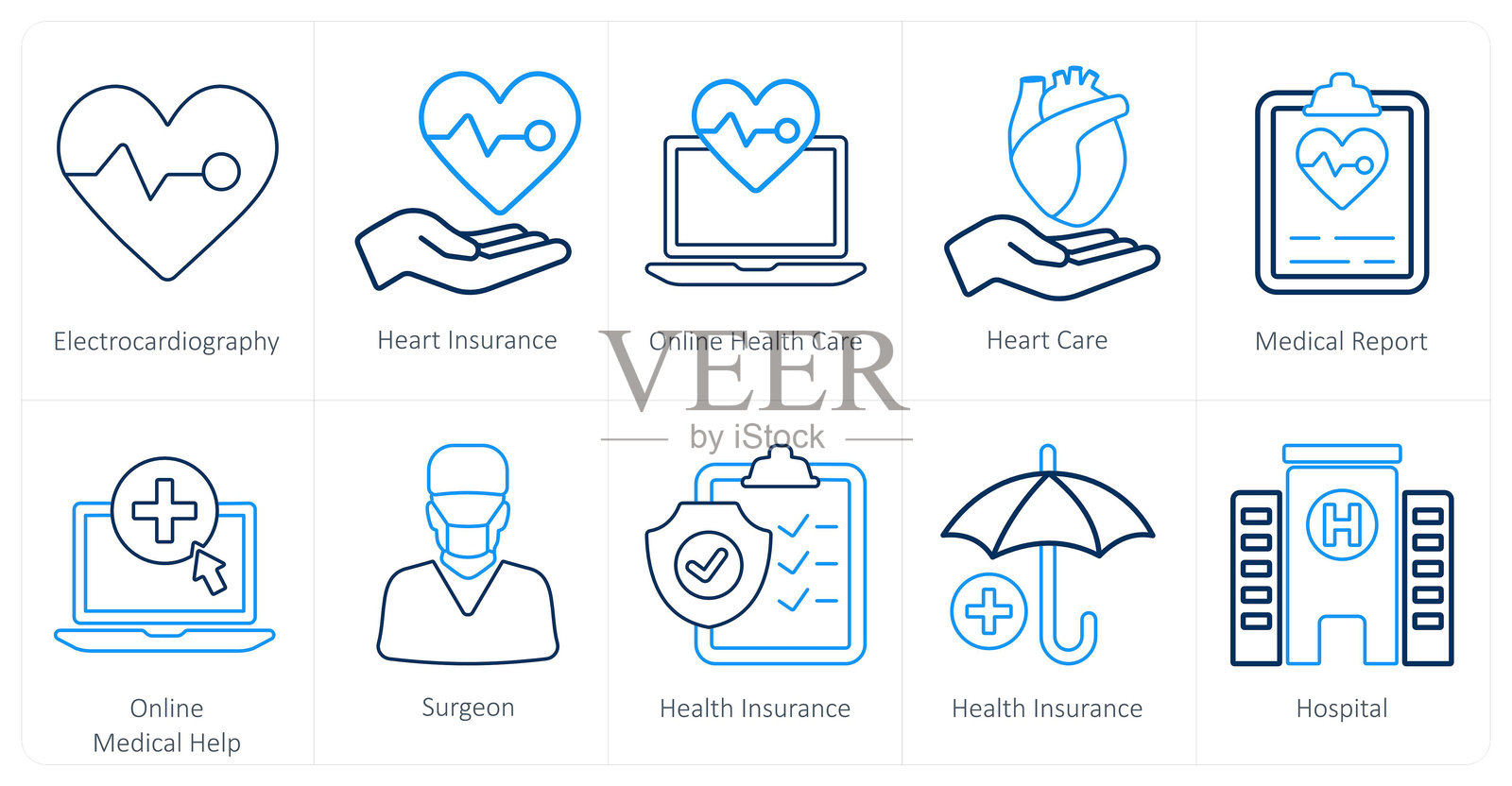 一套10个医疗图标,如心电图,心脏保险,在线医疗保健插画图片素材