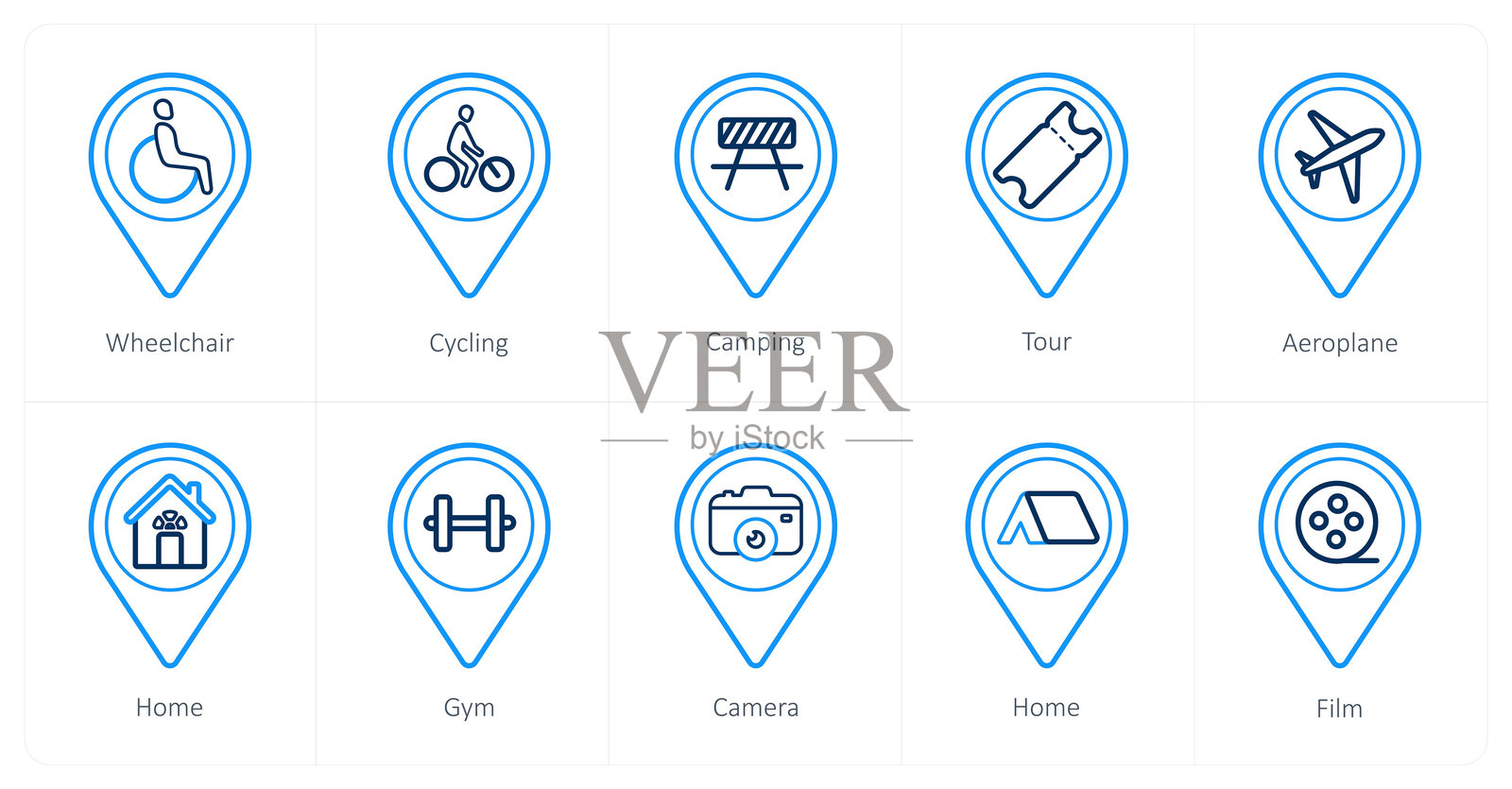 一套10个位置图标,如轮椅,自行车,障碍插画图片素材
