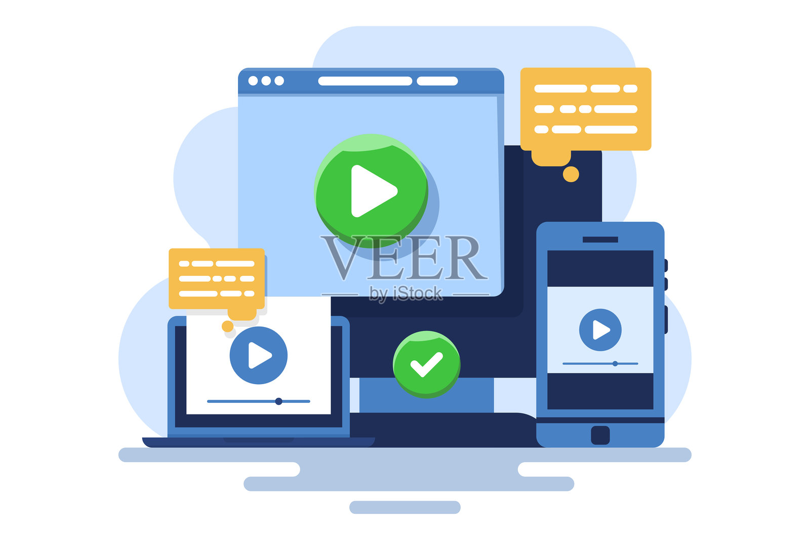 视频教程,网络研讨会,远程教育,在线培训和学习的概念。通过网络研讨会培训、在线视频培训、教程播客,在家进行在线教育和电子学习。插画图片素材