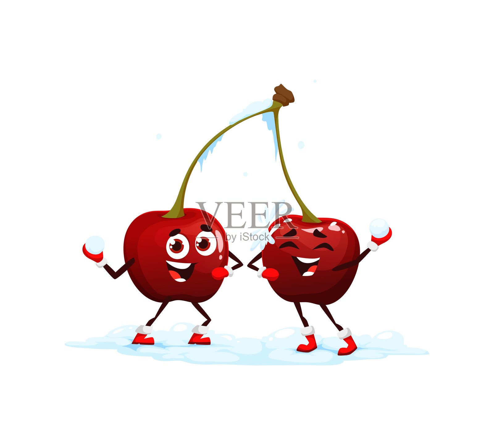 卡通圣诞樱桃打雪仗插画图片素材