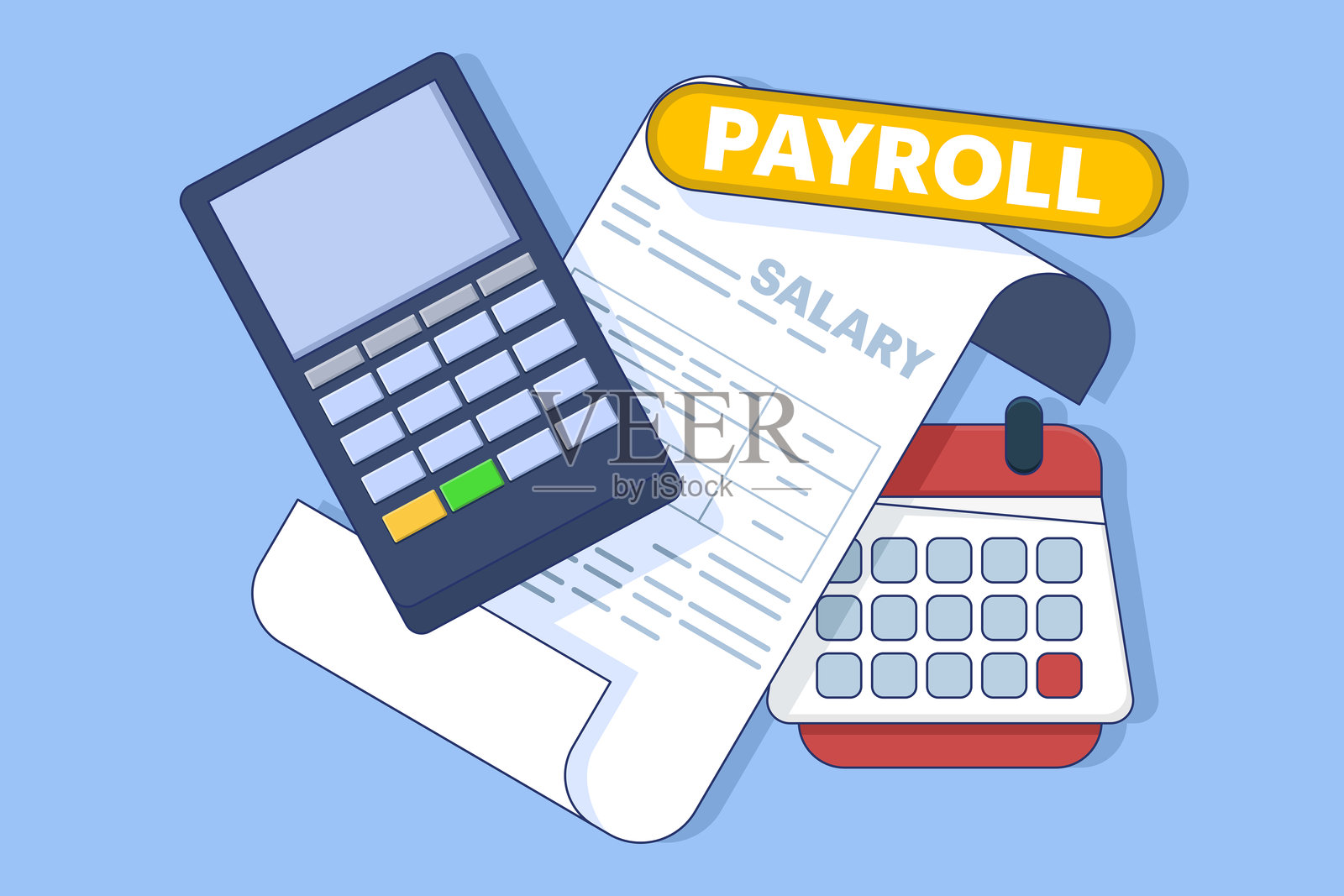 工资系统的概念,网上收入计算和自动支付,行政会计办公室或日历支付日期,计算机与网上工资。背景上的平面矢量插图。插画图片素材