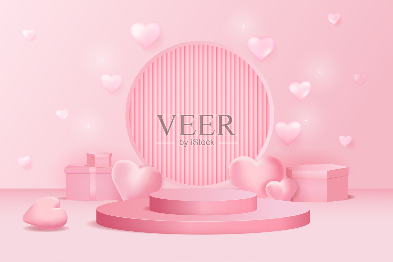 情人节和讲台的场景。节日横幅与粉红色的心,礼品盒和圆柱形基座或阶段的产品介绍和广告。逼真的三维矢量插图插画图片素材