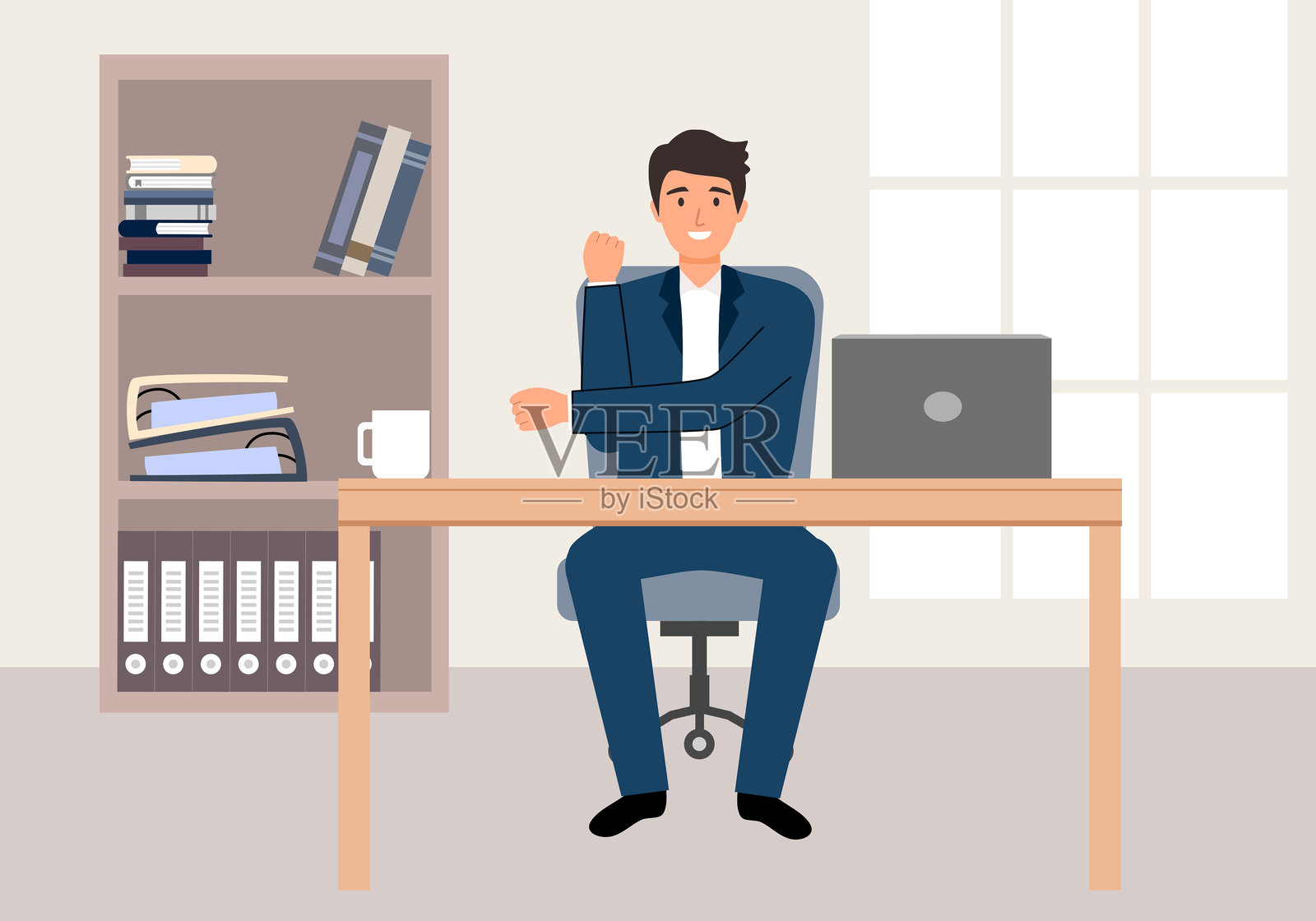 快乐的商人在休息时在办公室的桌子旁锻炼。插画图片素材