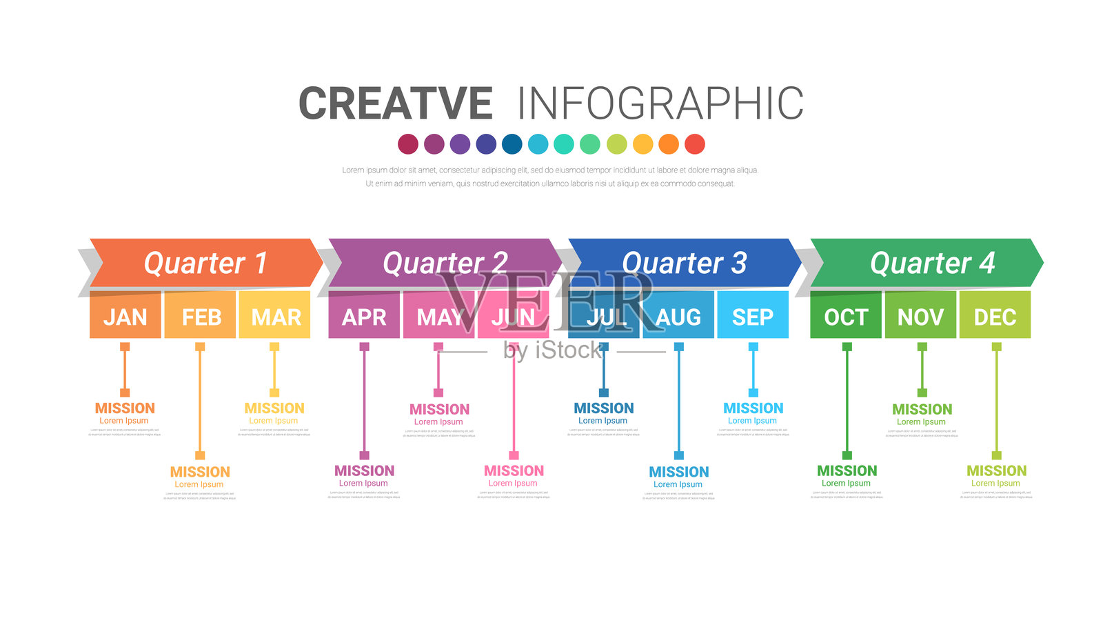 年计划日历,12个月,4个季度,时间线信息图表设计矢量和演示业务可用于业务概念,有12个选项,步骤或流程。插画图片素材