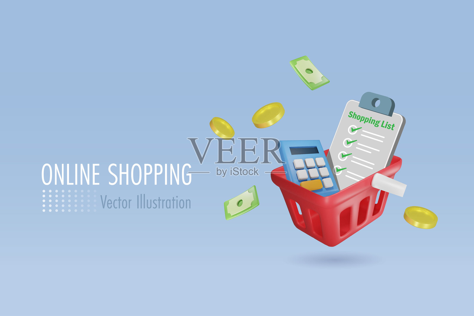 有购物清单和计算器的购物篮。在有限的预算、生活成本、财政储蓄和经济通胀下的金钱支出。三维向量。插画图片素材