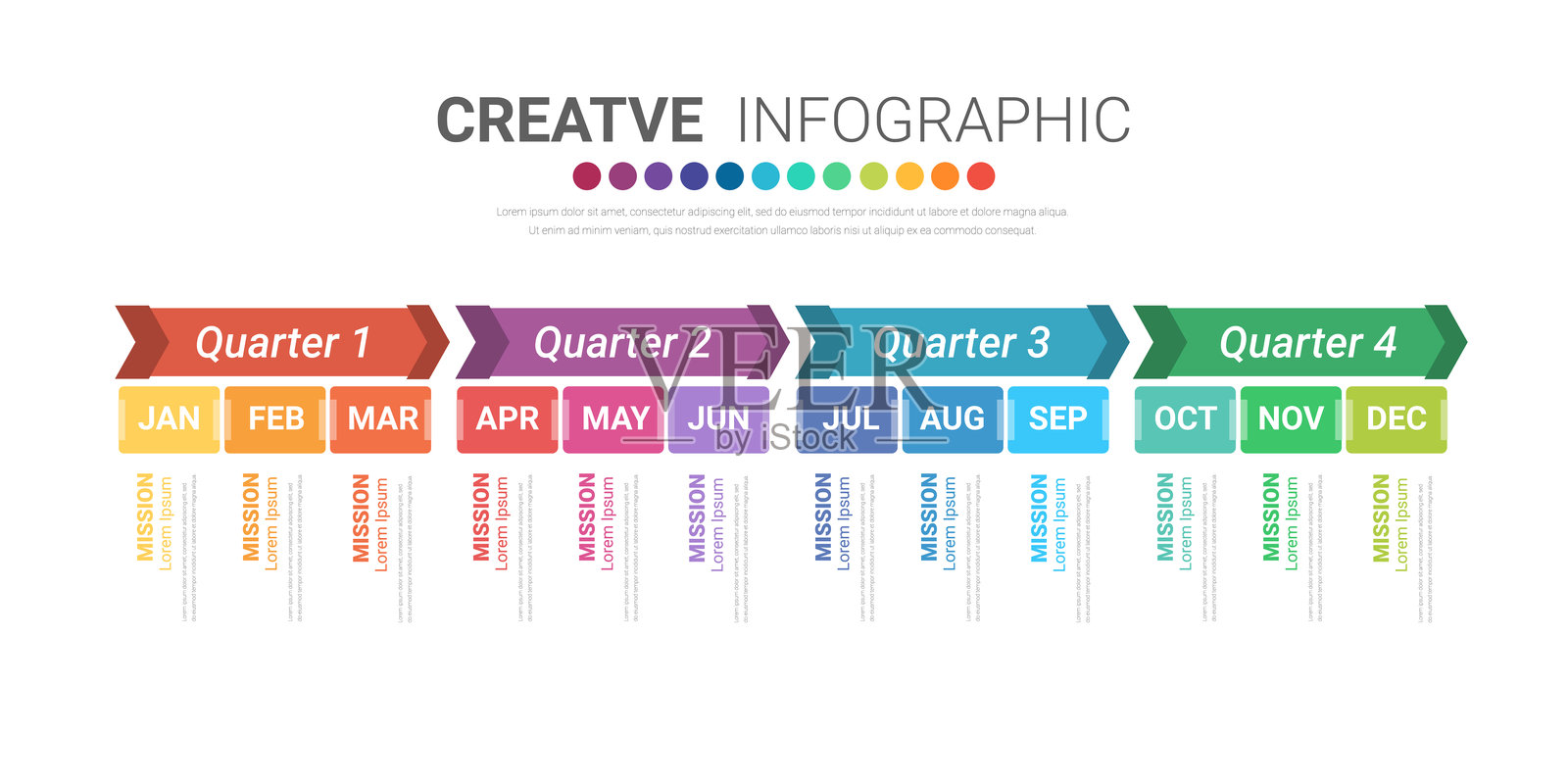 年计划日历,12个月,4个季度,时间线信息图表设计矢量和演示业务可用于业务概念,有12个选项,步骤或流程。插画图片素材