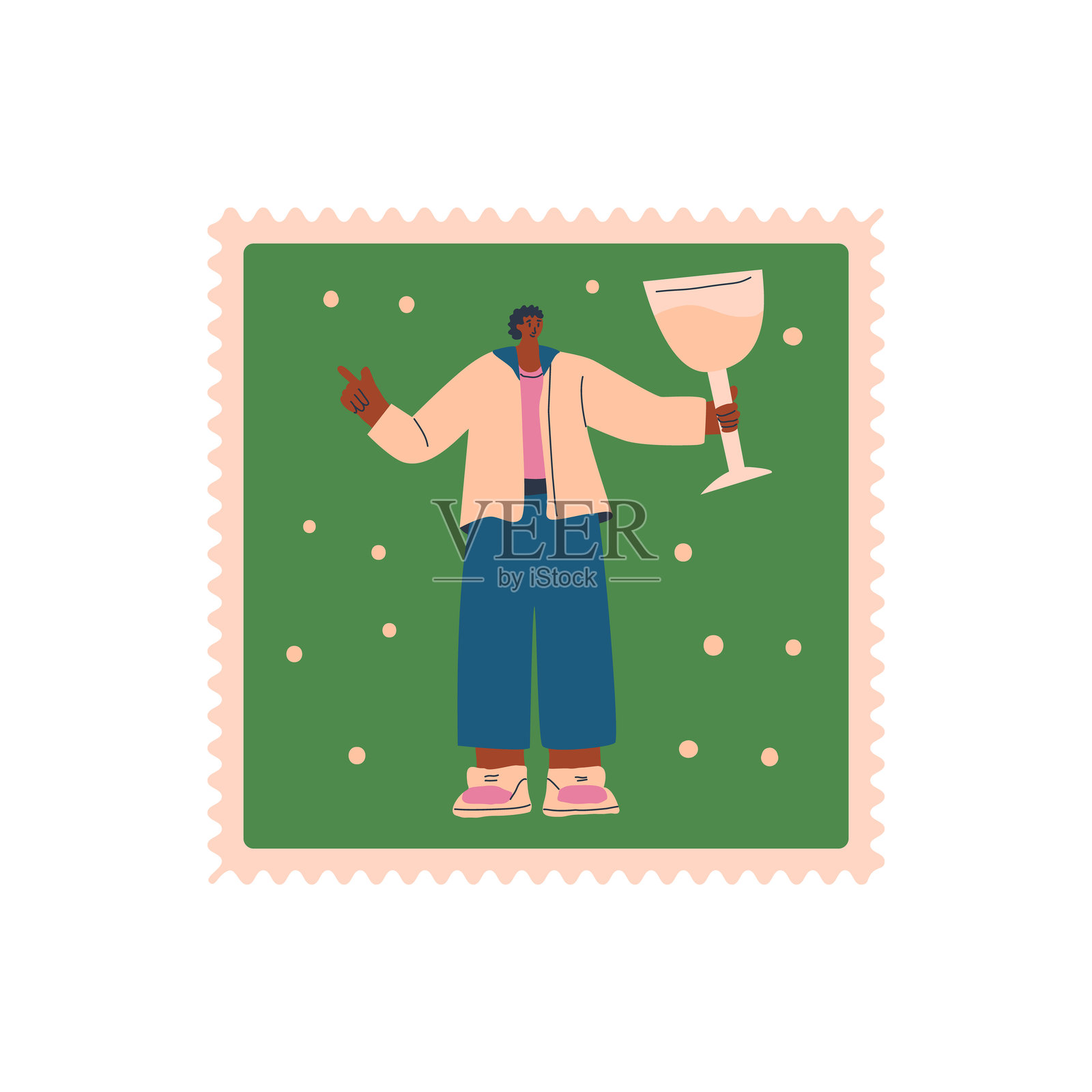 葡萄酒爱好者邮票孤立的白色背景。风格化的人物与白葡萄酒方形贴纸。矢量手绘平面插图插画图片素材