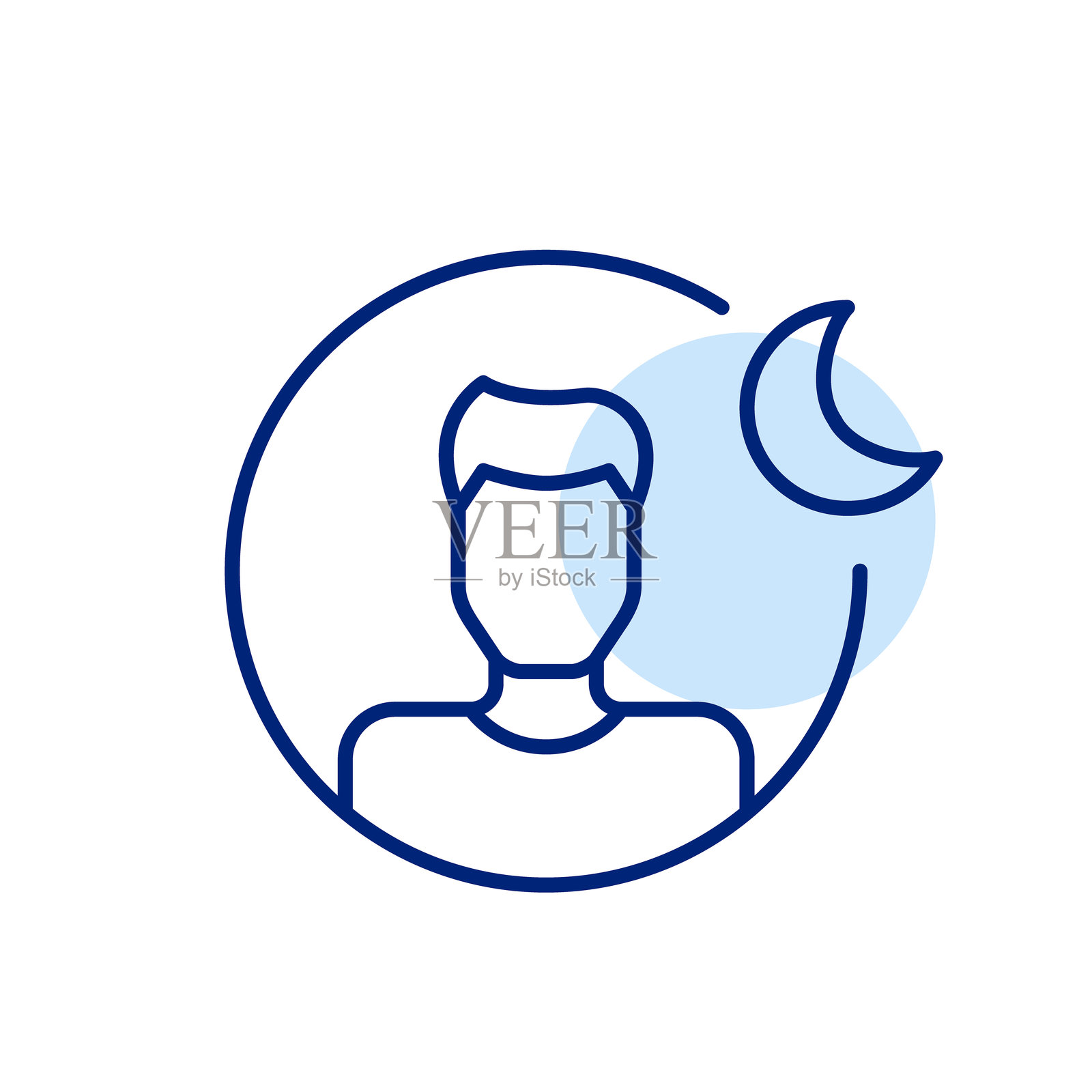 男性用户头像旁边有新月。夜间模式或睡眠跟踪应用程序。像素完美,可编辑的笔画图标插画图片素材