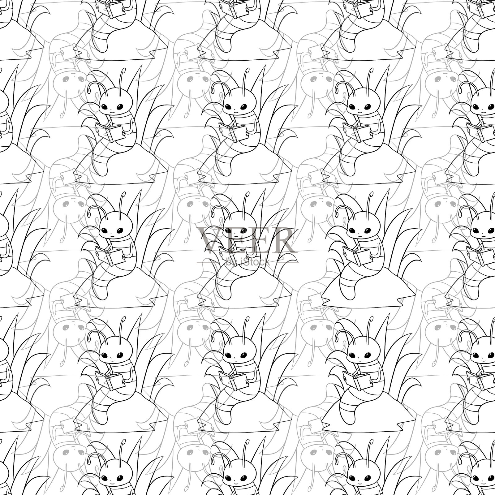 可爱的小书虫启发重复图案设计插画图片素材