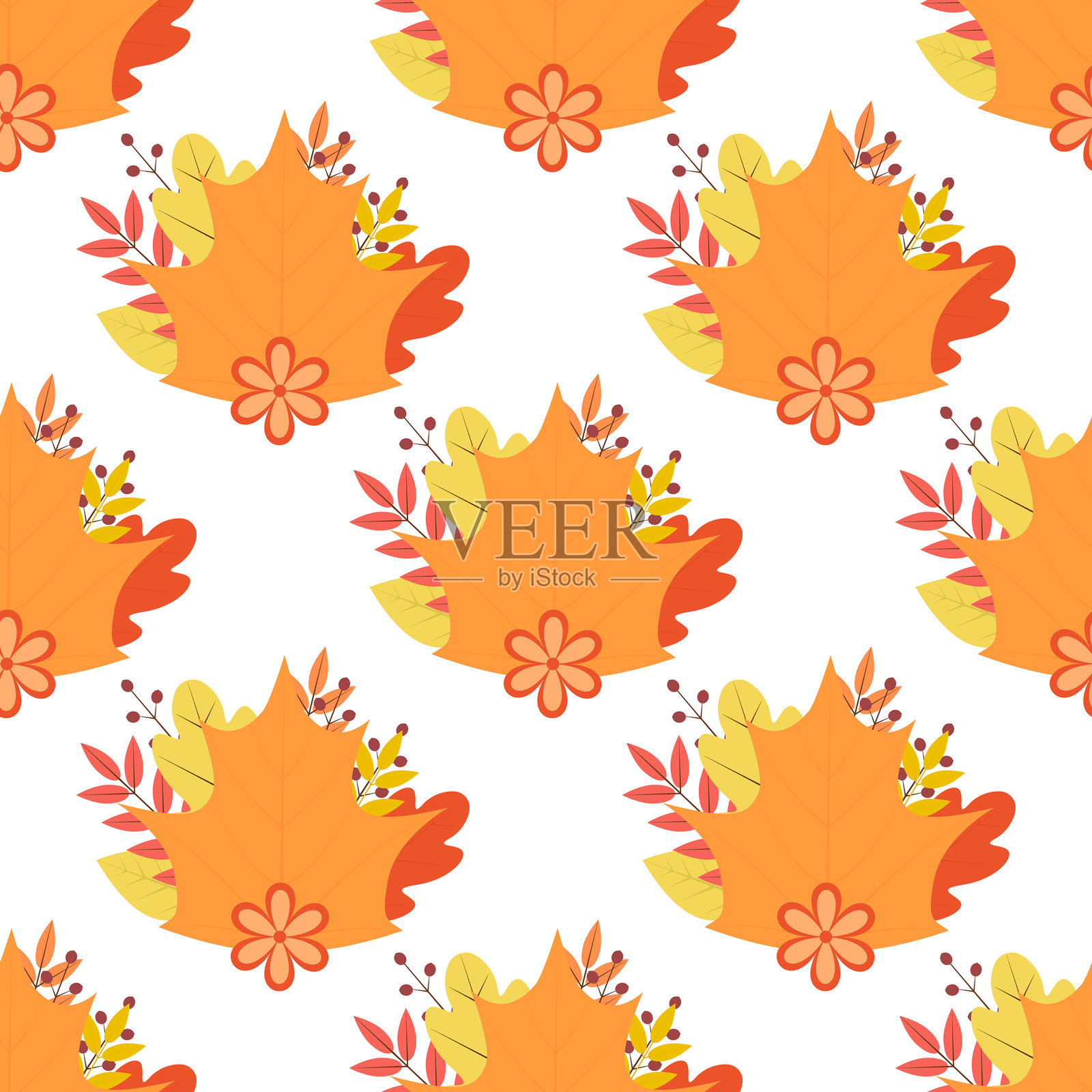 下落无缝图案。秋天矢量背景。五颜六色的叶子、花朵和浆果。适用于织物、剪贴簿、包装纸等。插画图片素材