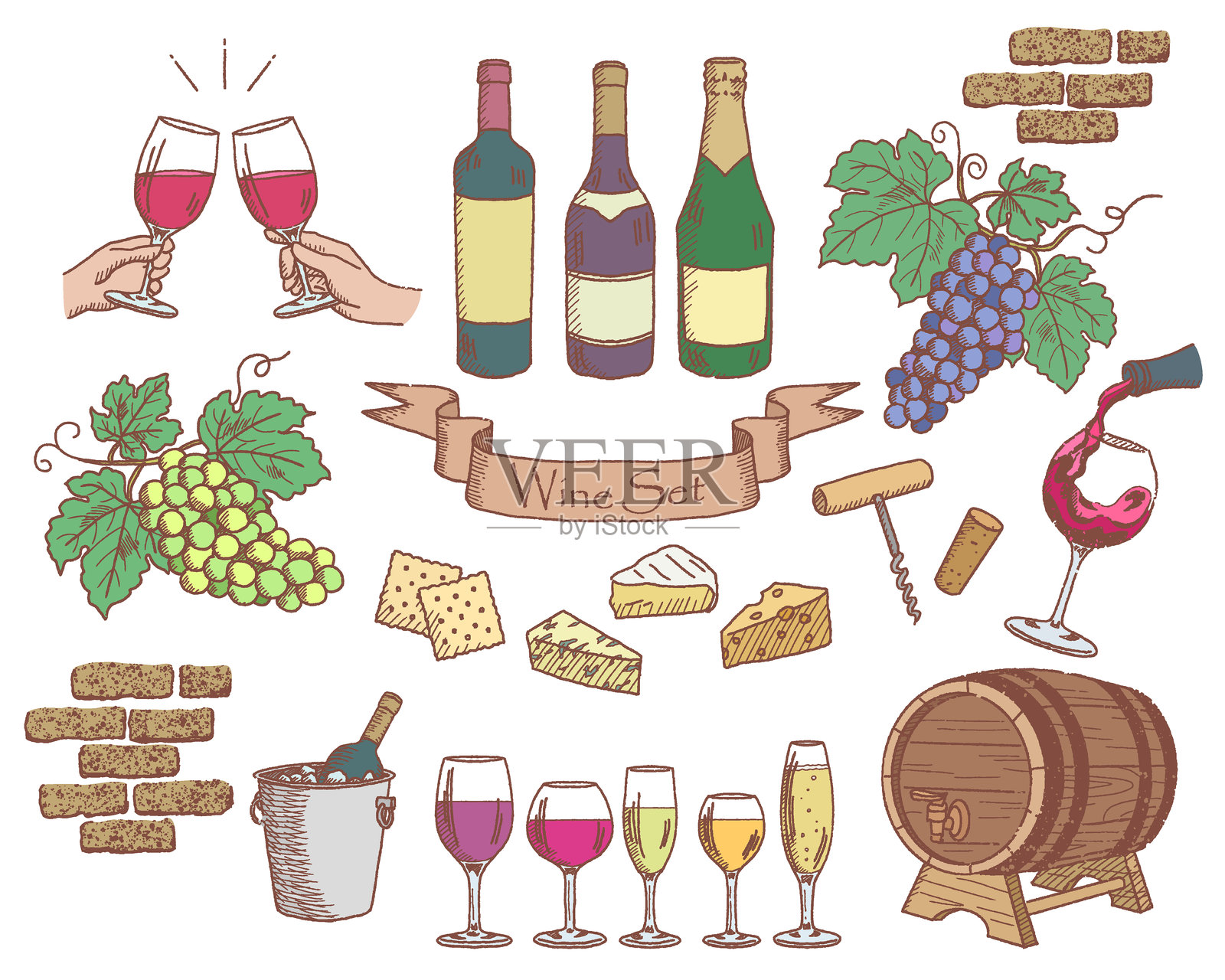 葡萄酒插图集-手绘彩色线条图纸插画图片素材