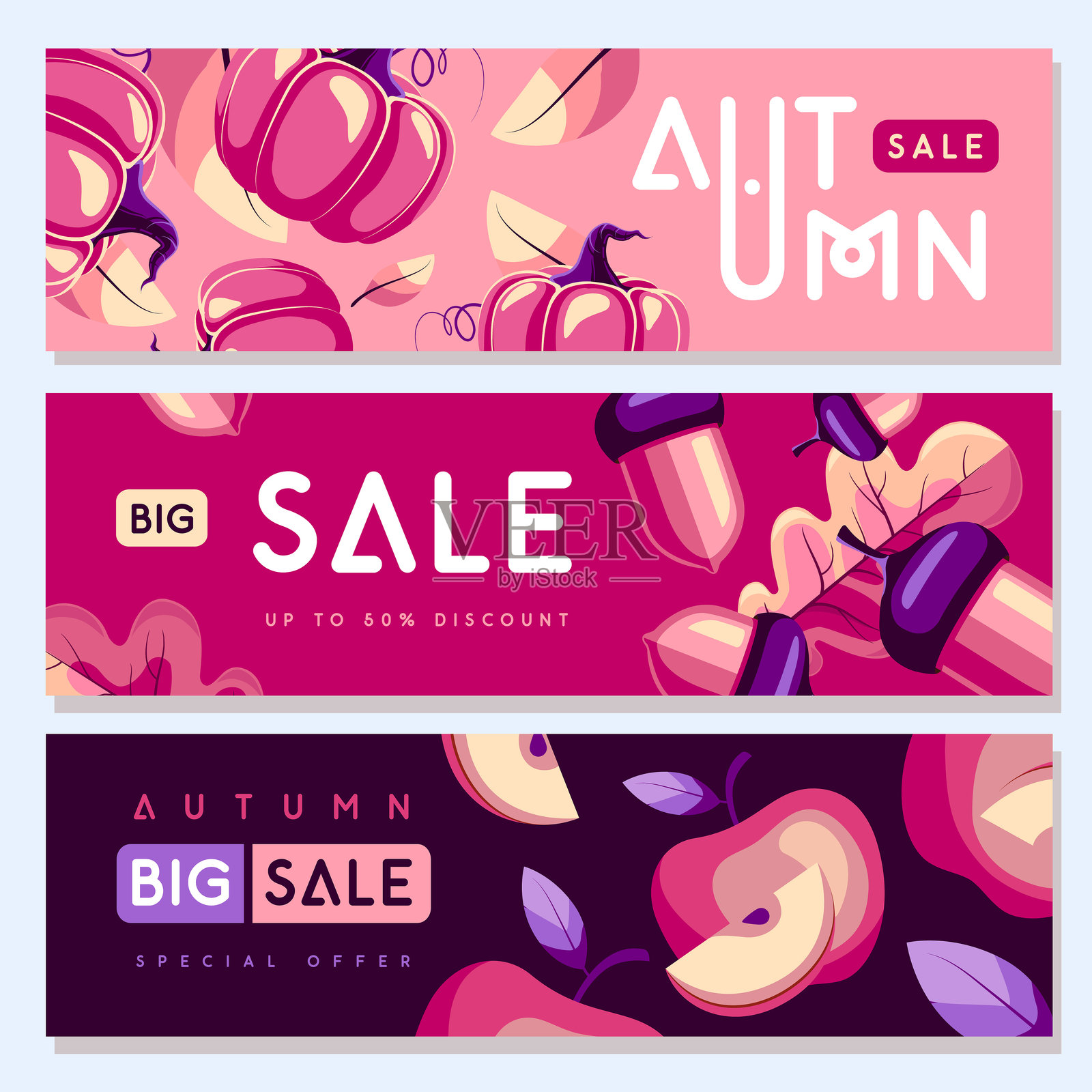 一套复古的秋季大销售横幅,上面有南瓜、橡子和苹果。季节性促销海报。矢量图插画图片素材