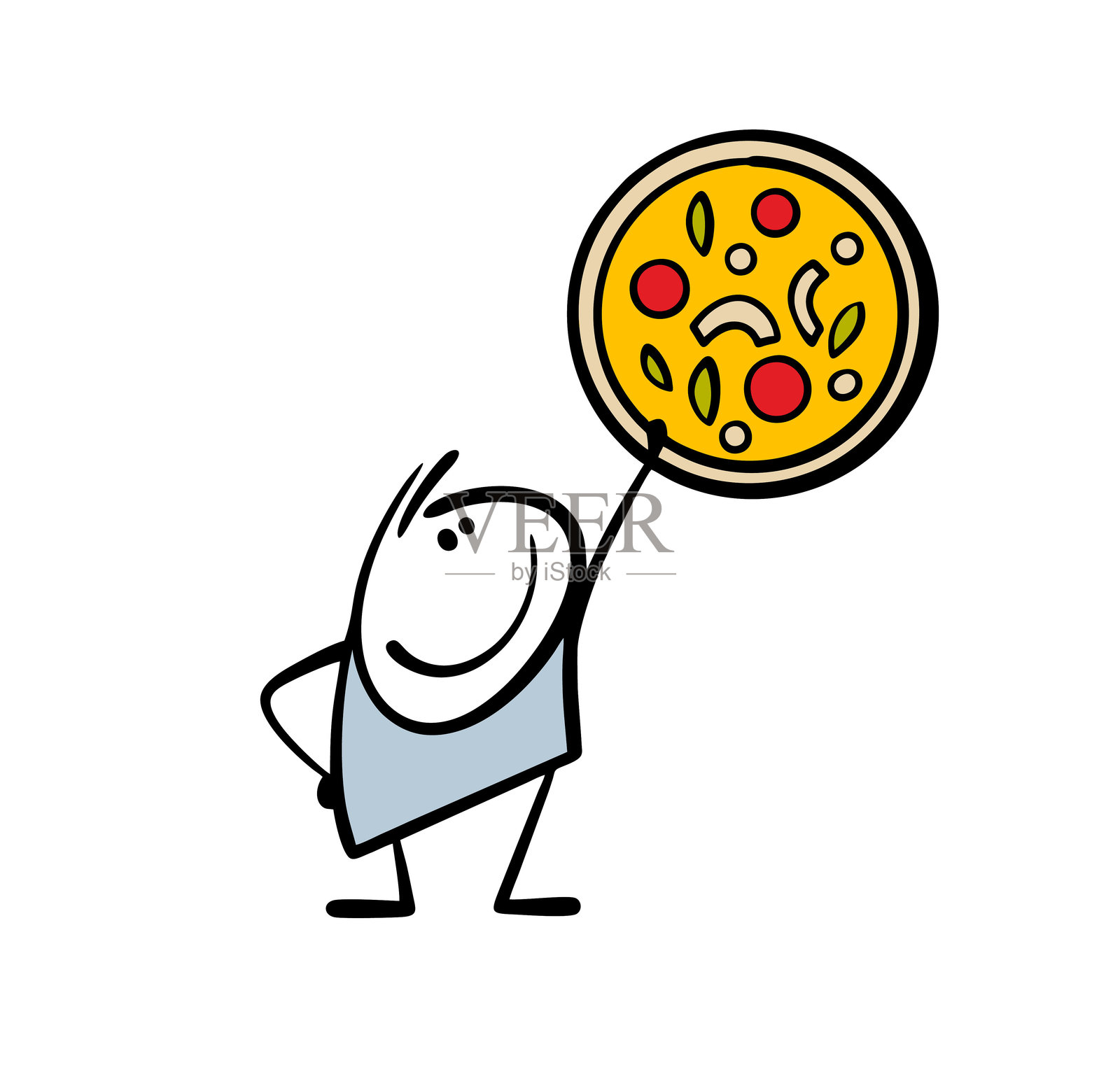 饱餐一顿的樵夫举起手来,手里拿着一个巨大的披萨,里面有西红柿、奶酪和意大利辣香肠。矢量插图的一个孩子显示食物。咖啡馆或餐馆的广告活动插画图片素材