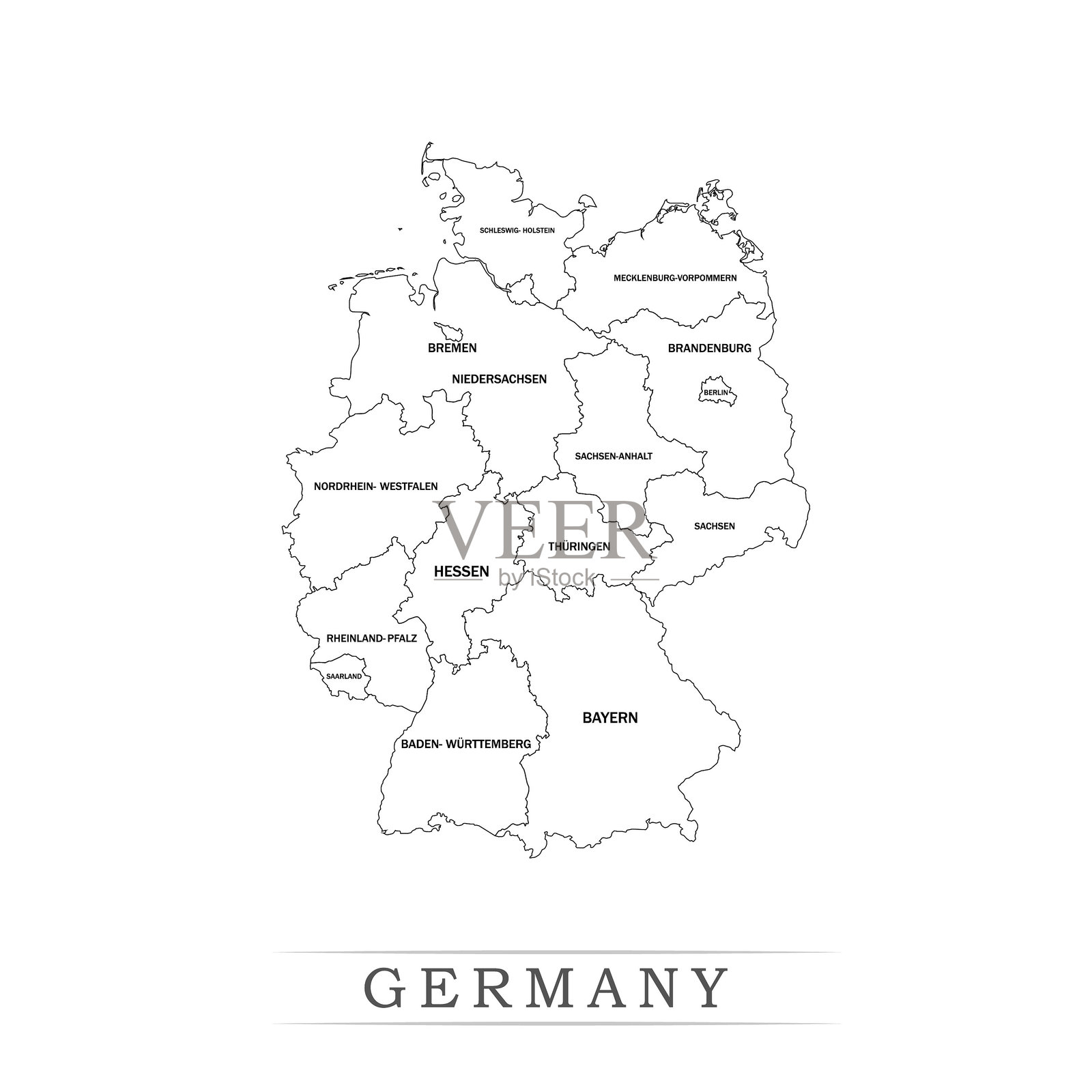 德国行政区划黑白地图。德国的涂鸦地图与国家股票插图。插画图片素材