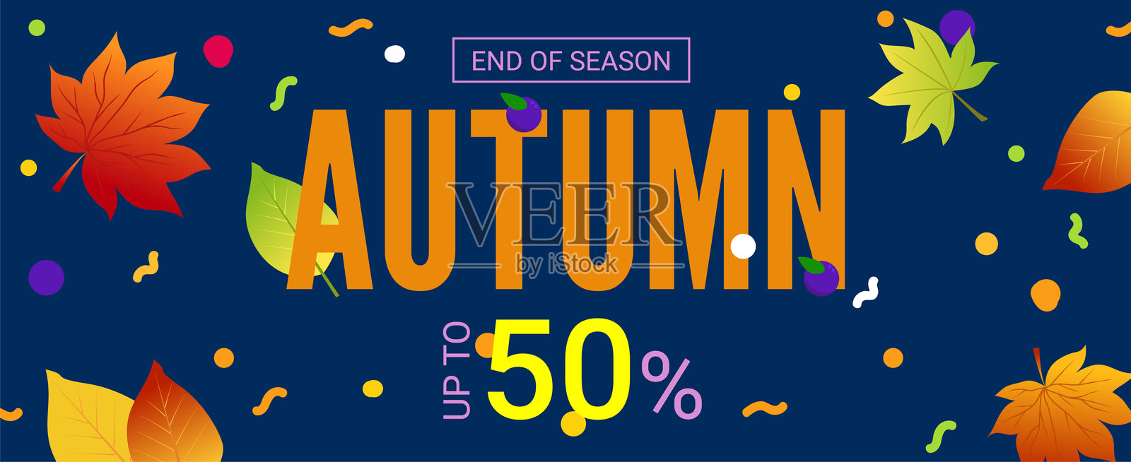 水平秋旗与明亮的秋叶和五彩纸屑在蓝色的背景。插画图片素材