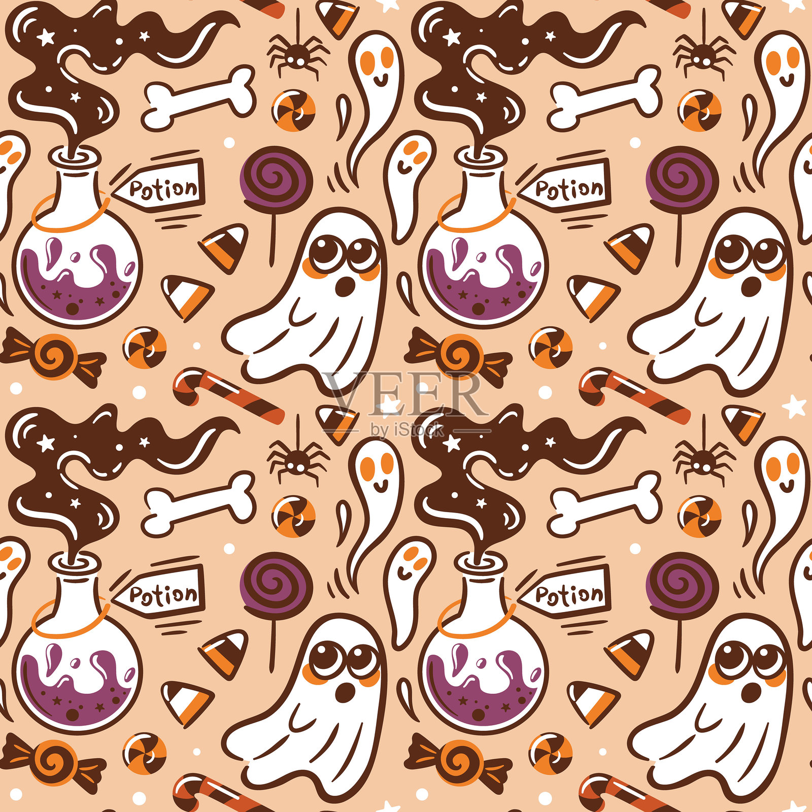 这是一个有趣的万圣节图案,以鬼魂和各种各样的糖果为特色。神秘的魔法药水。无缝图案墙纸,织物,包装,背景。插画图片素材
