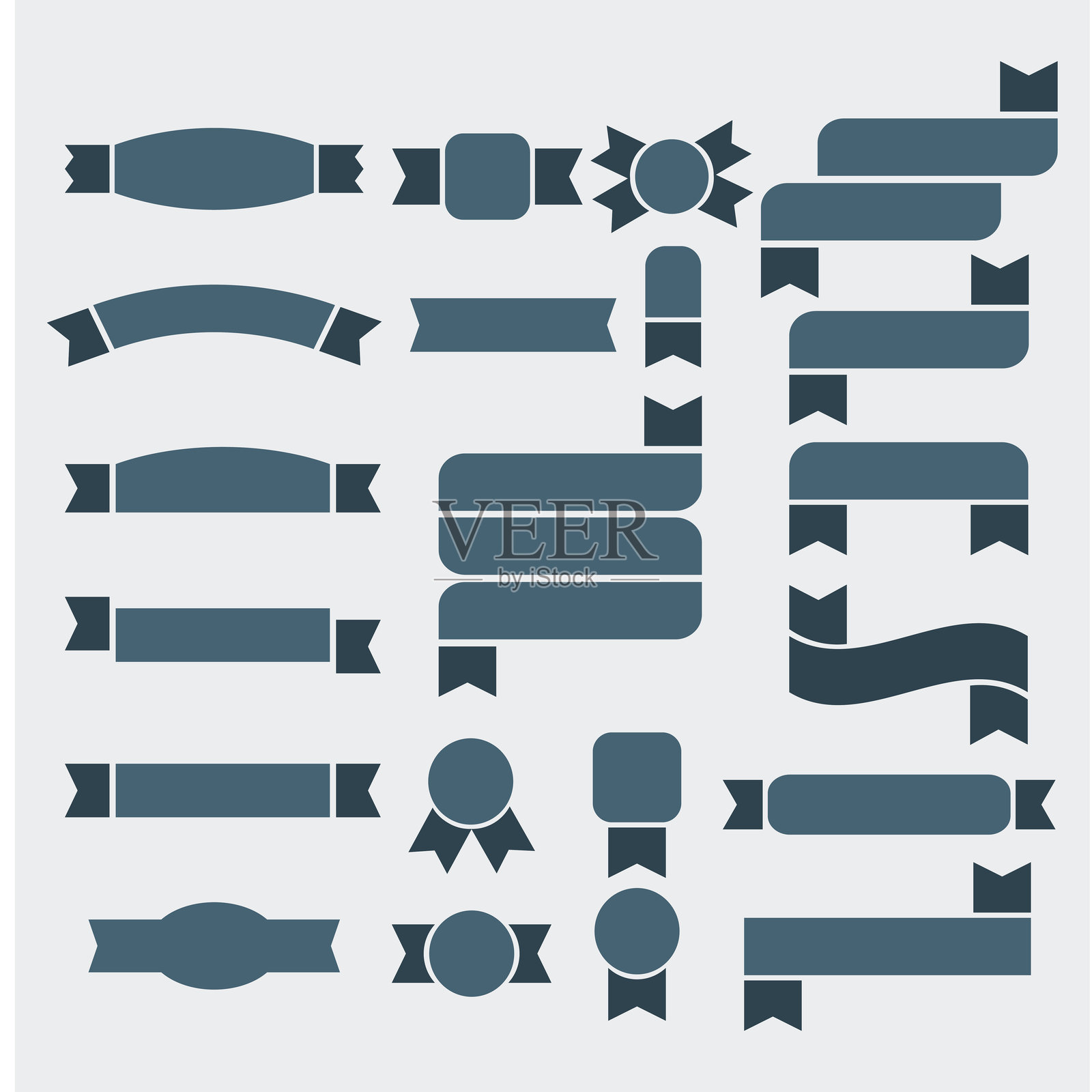 时尚创意组合平面风格空白蓝丝带横幅图标设计元素图标设置在灰色背景插画图片素材