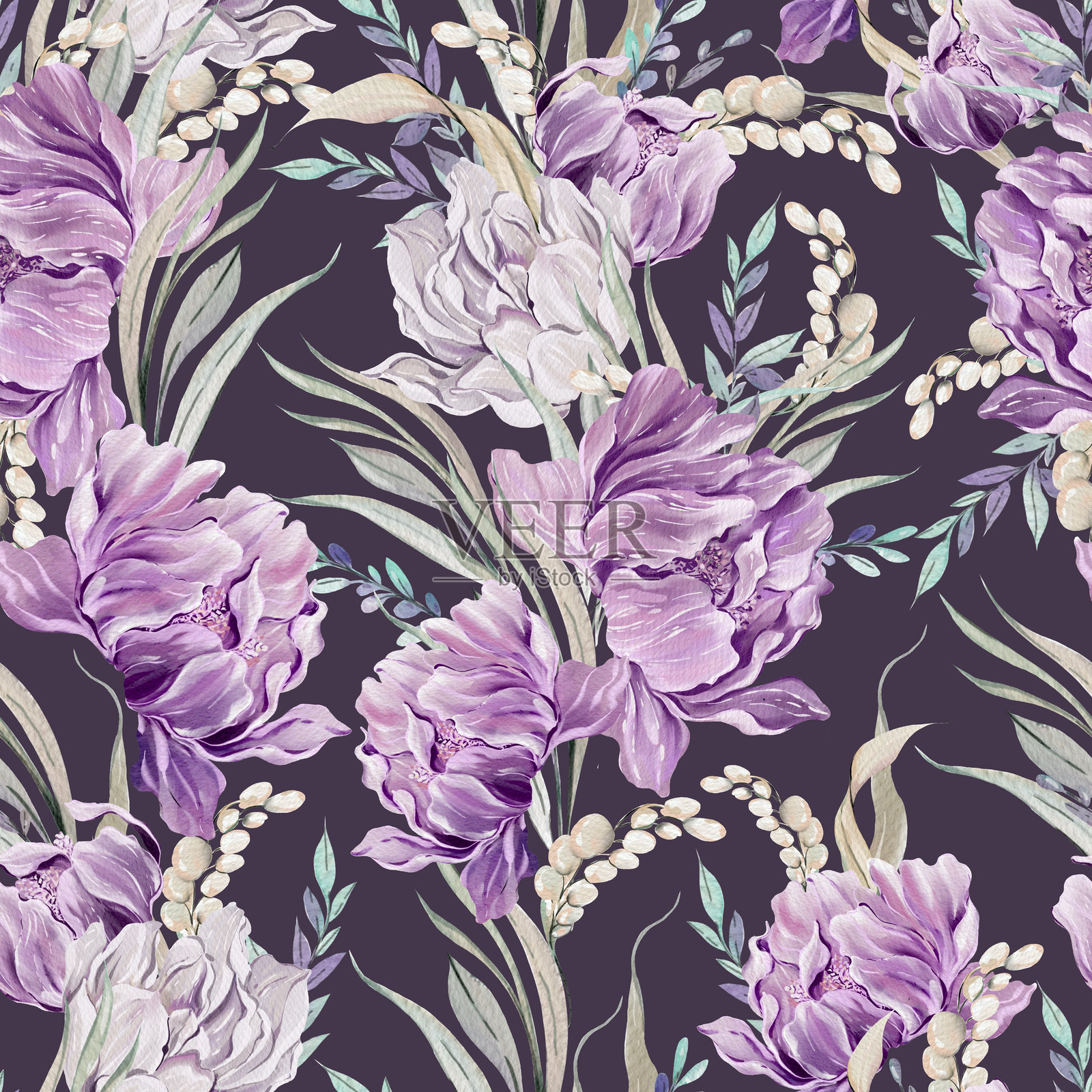 美丽的水彩无缝图案与叶子和紫色的牡丹花。插画图片素材