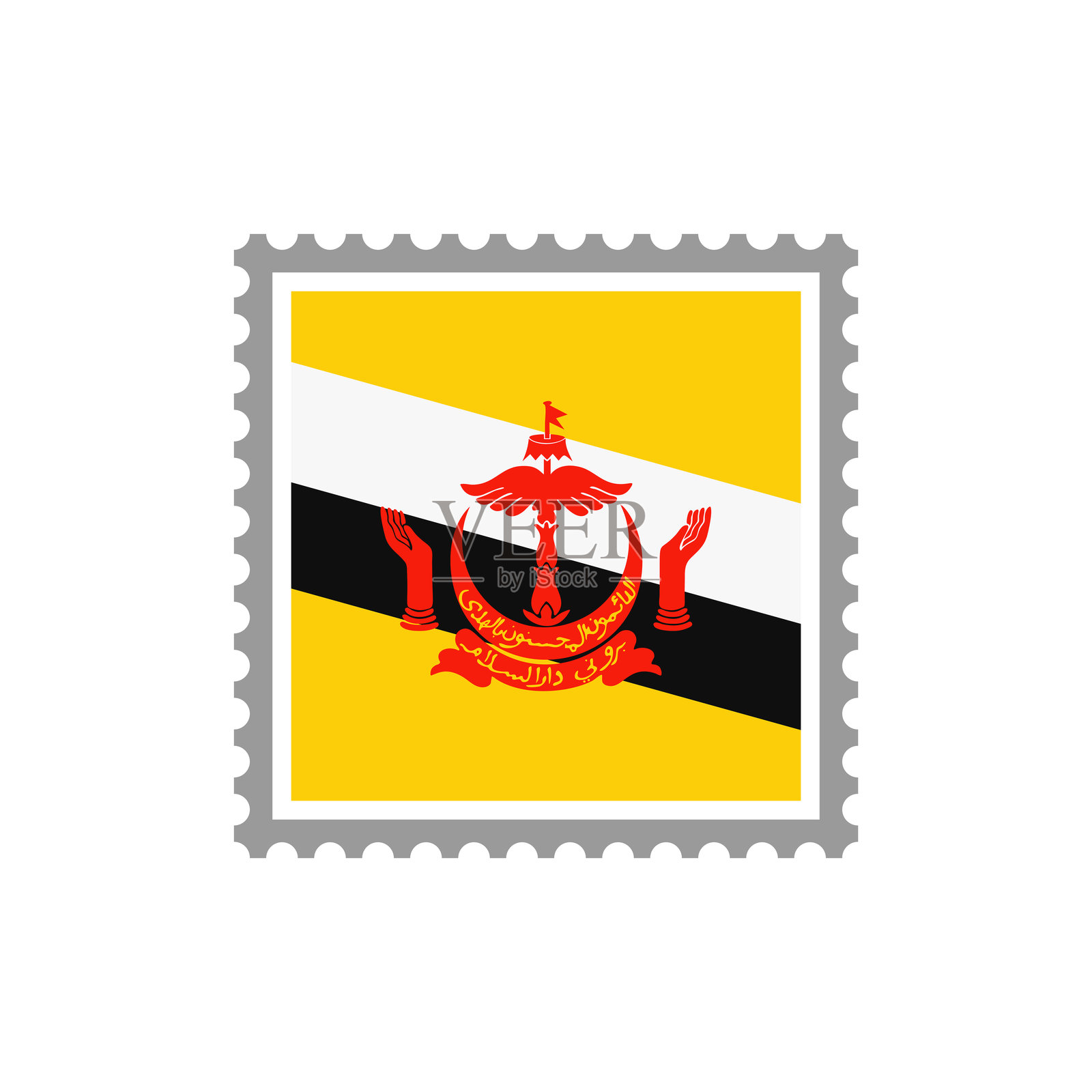 文莱-国旗邮票扁平图标。插画图片素材