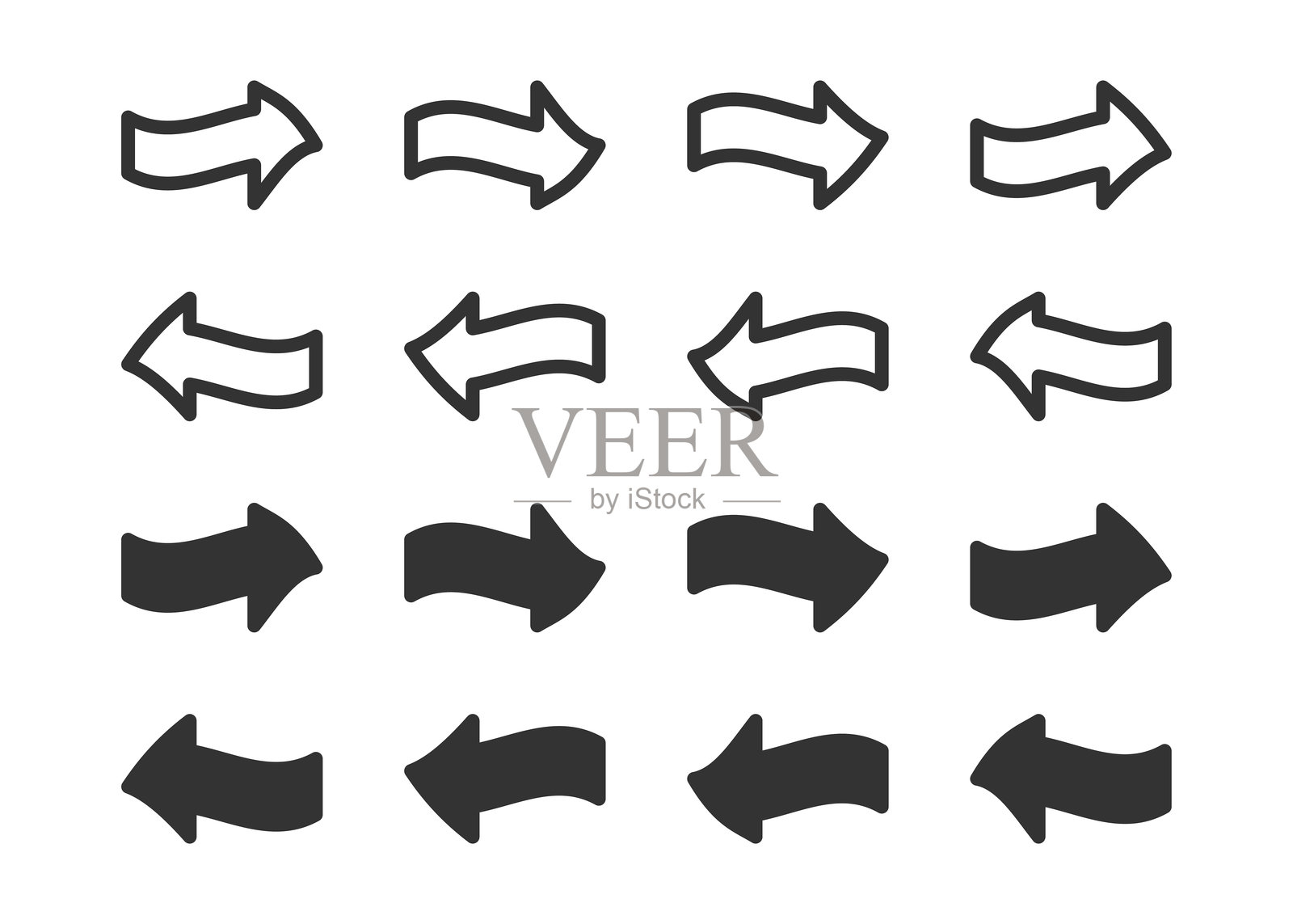 矢量图标的箭头指向左边和右边的各种风格,包括轮廓和填充。完美的导航,方向和UI元素。插画图片素材